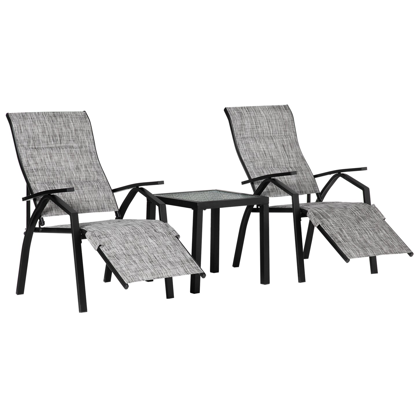 Outsunny Lounger Chair Set of 3 with Adjustable Backrest and Footrest, Patio Chaise Lounge with Side Table, Grey