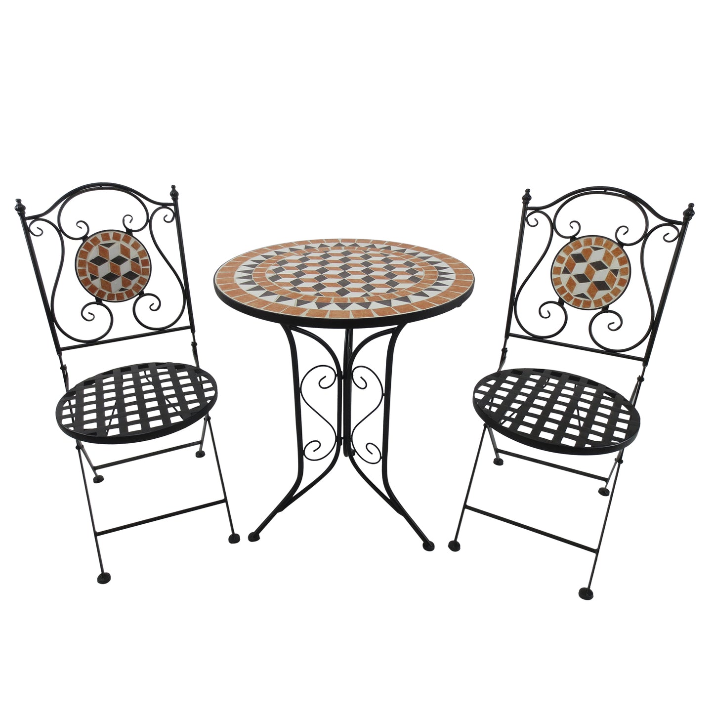 Outsunny 3 PCs Garden Mosaic Bistro Set Outdoor Patio 2 Folding Chairs & 1 Round Table Outdoor Metal Furniture Vintage