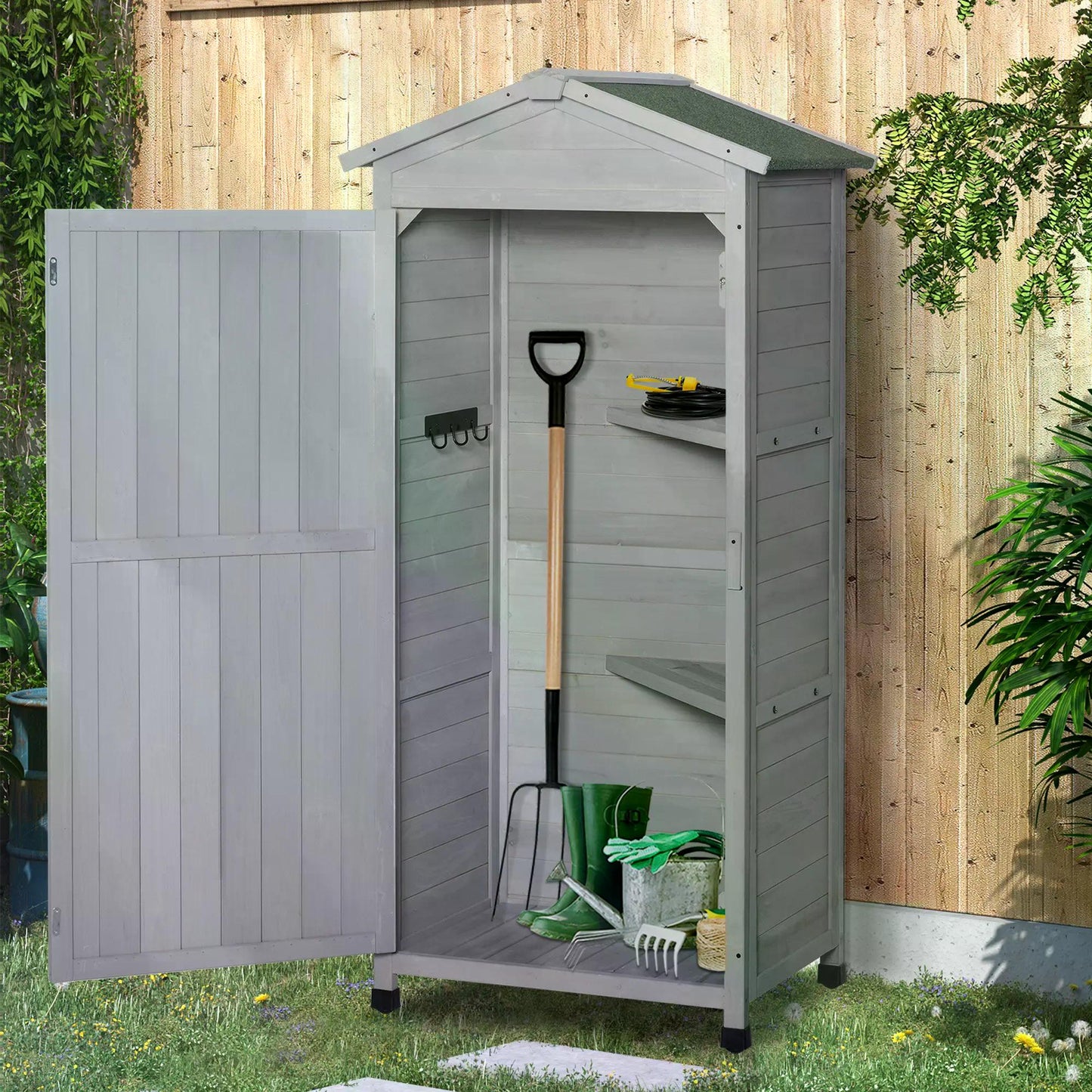 Outsunny Wooden Garden Cabinet 3-Tier Storage Shed 2 Shelves Lockable Organizer with Hooks Foot Pad 74 x 55 x 155cm Light Grey