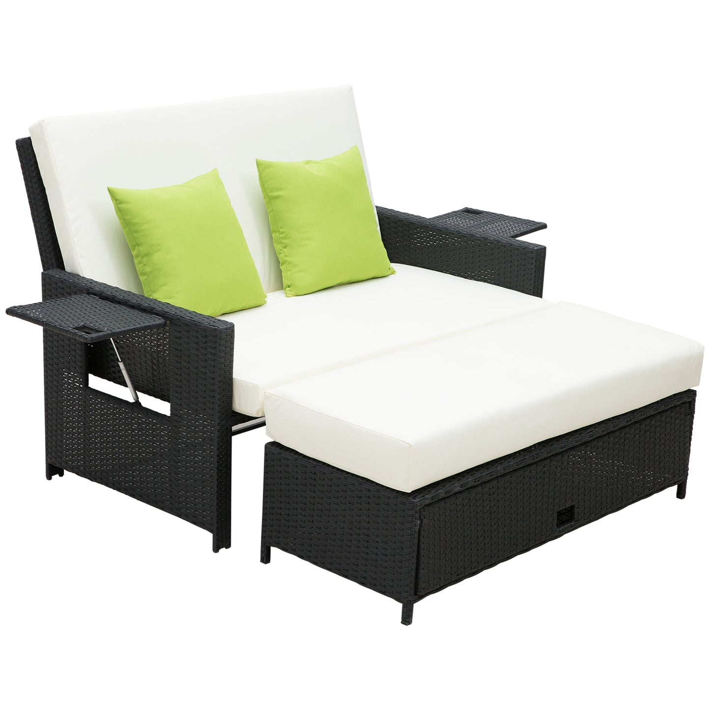 Outsunny 2 Seater Assembled Garden Patio Outdoor Rattan Furniture Sofa Sun Lounger Daybed with Fire Retardant Sponge - Black - OutdoorBox