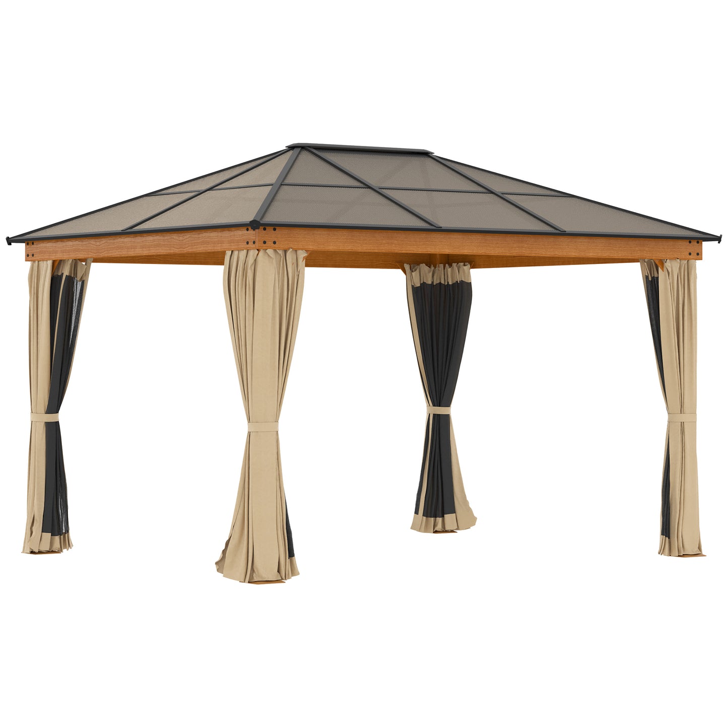 Outsunny 3 x 3.6 m Hardtop Gazebo Canopy with Polycarbonate Roof, Aluminium and Steel Frame, Nettings and Sidewalls for Garden, Patio, Khaki - OutdoorBox