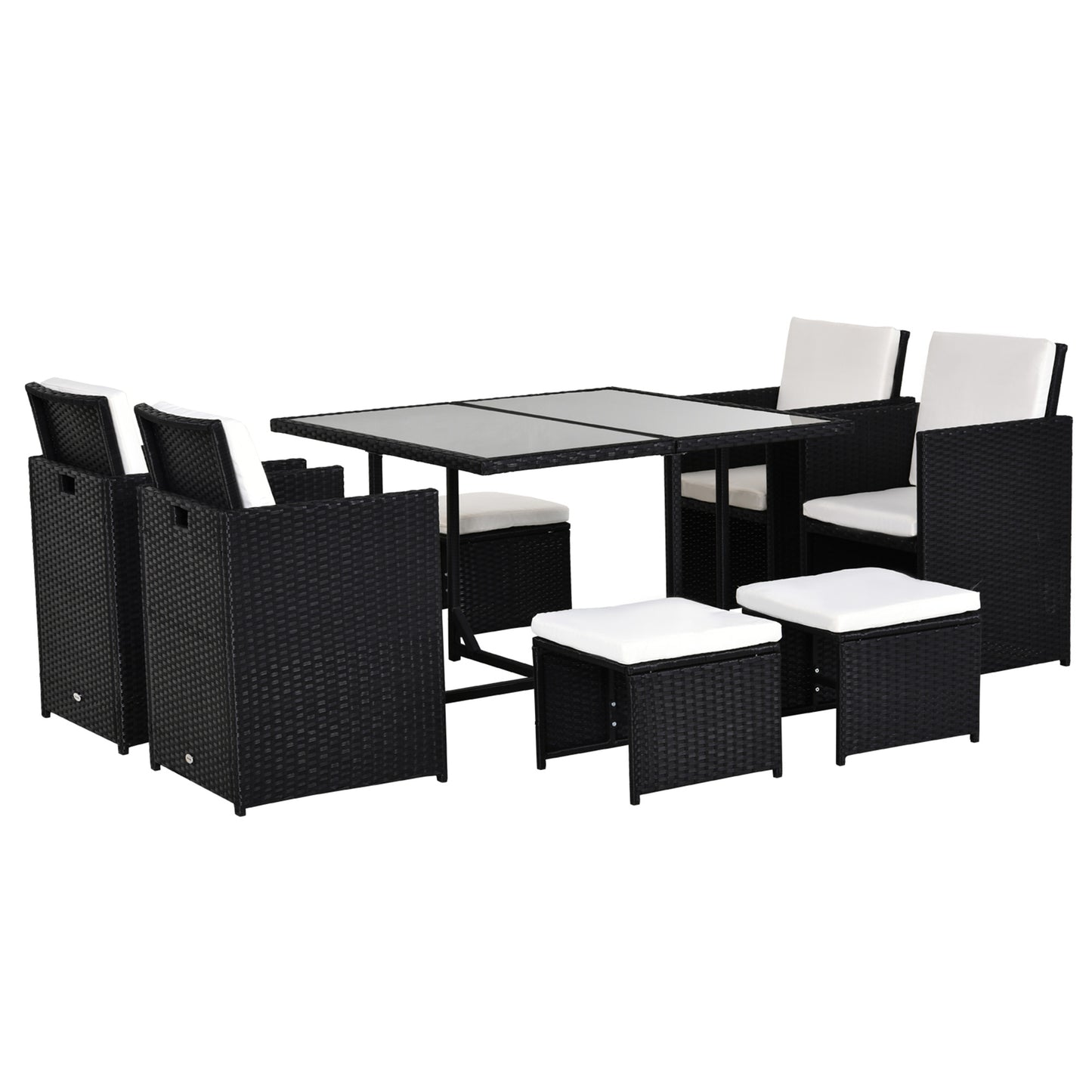 Outsunny 9PC Garden Rattan Dining Set Outdoor Patio Dining Table Set Weave Wicker 8 Seater Stool Black - OutdoorBox