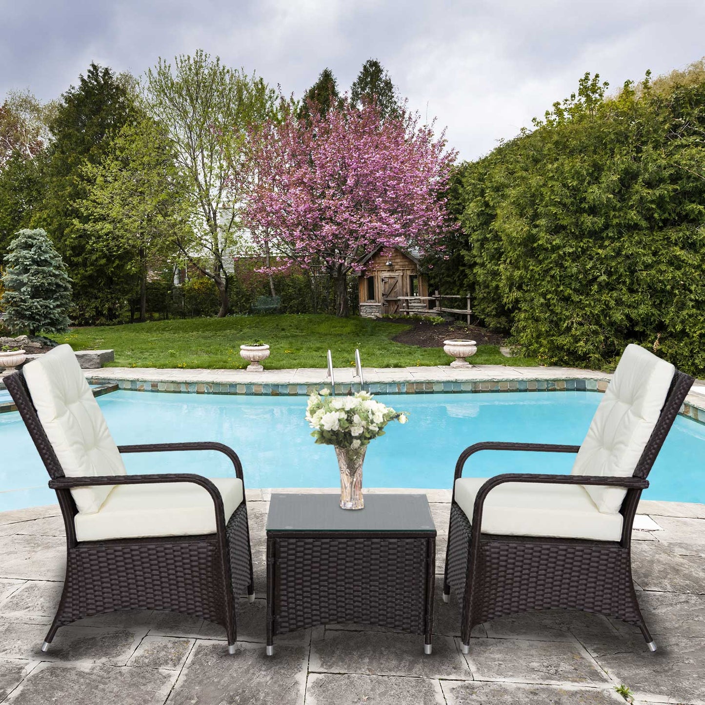 Outsunny 2-Seater Rattan Bistro Set Garden Furniture Sofa Chair Table Wicker Weave Outdoor Patio Conservatory Set w/ Cover Steel Frame, Brown - OutdoorBox