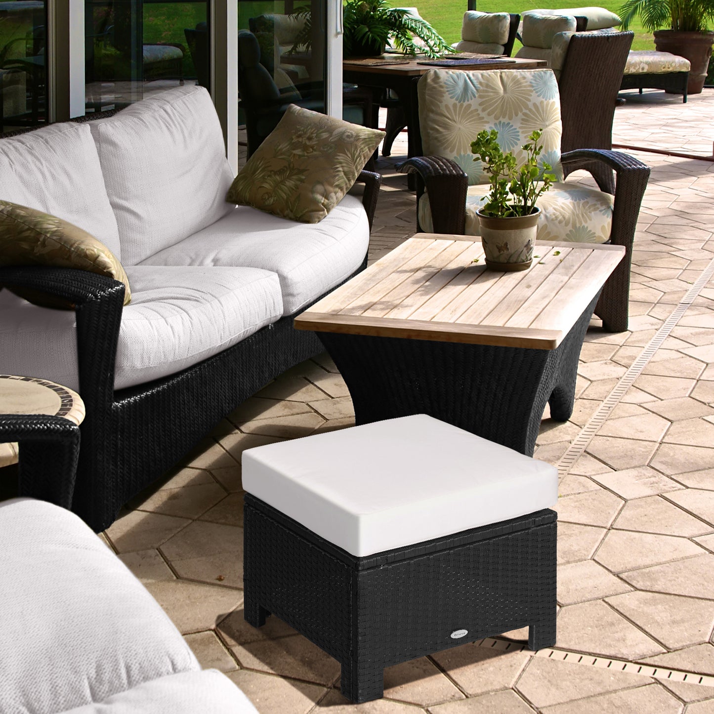 Outsunny Rattan Footstool Wicker Ottoman with Padded Seat Cushion Outdoor Patio Furniture for Backyard Garden Poolside Living Room 50 x 50 x 35 cm - OutdoorBox