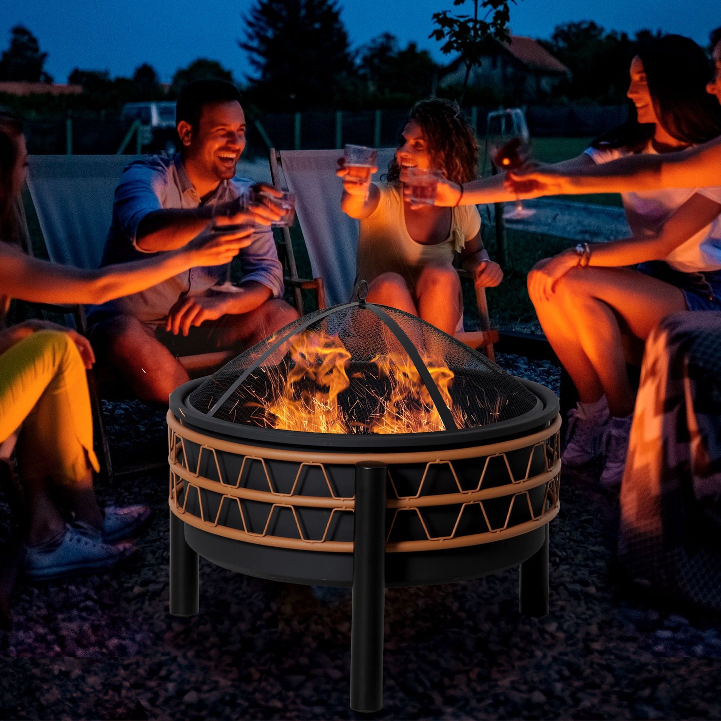Outsunny Outdoor Fire Pit, Metal Round Firepit Bowl, Charcoal Log Wood Burner with Screen Cover, Poker for Patio, BBQ, Camping, 64 x 64 x 58cm, Black - OutdoorBox