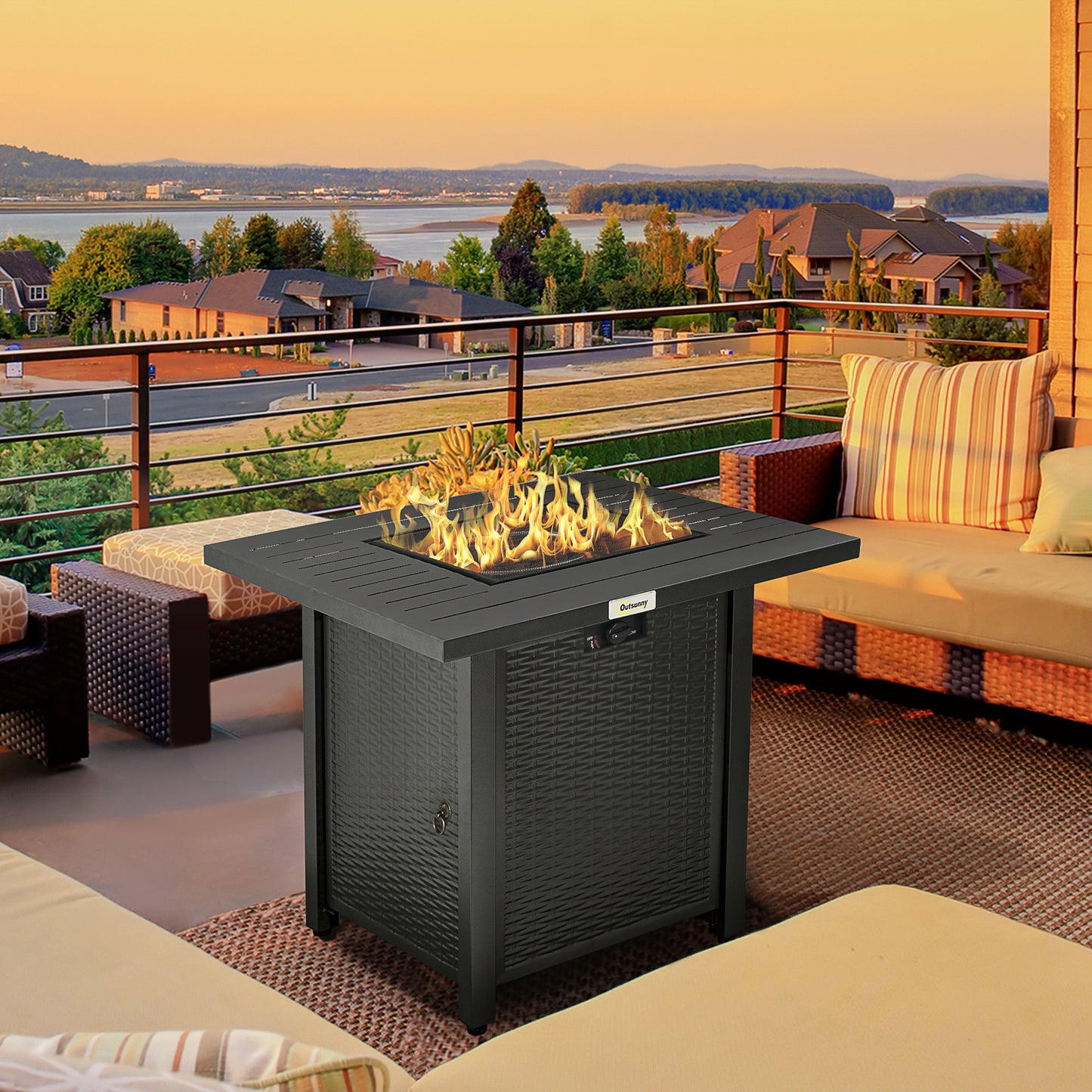 Outsunny Rattan-style Propane Gas Fire Pit Table with 50,000 BTU Burner, Square Smokeless Firepit Patio Heater with Thermocouple, Waterproof Cover - OutdoorBox