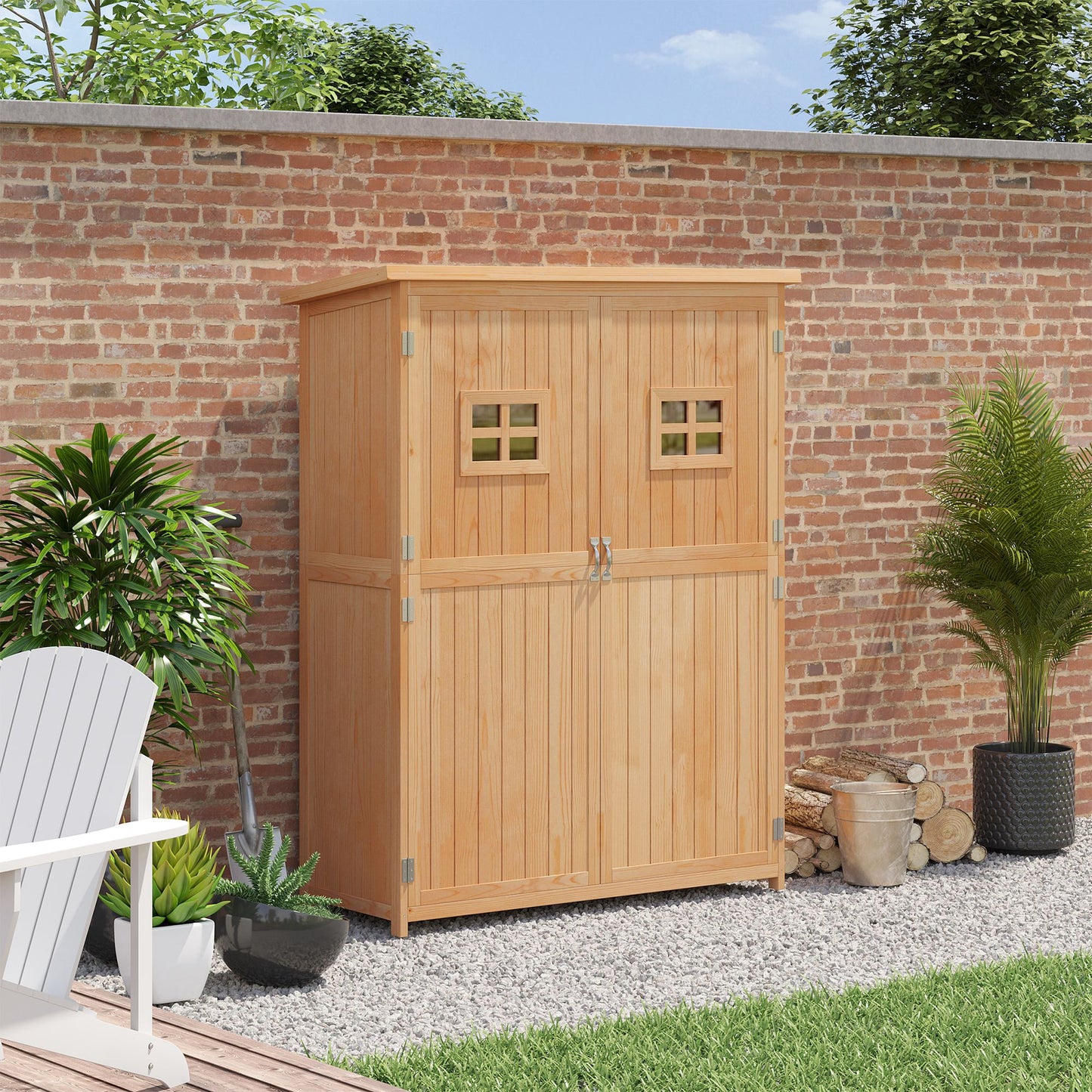 Outsunny Wooden Garden Storage Shed Tool Cabinet Organiser with Shelves, Two Windows, 127.5 x 50 x 164 cm, Natural - OutdoorBox