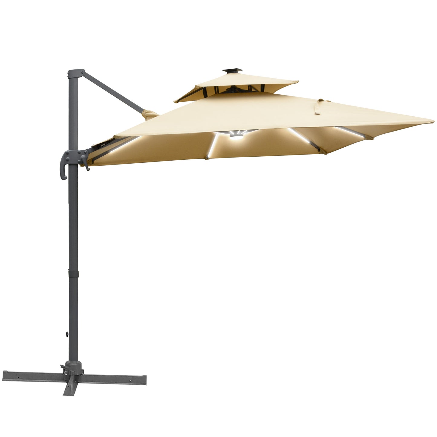 Outsunny 3m Cantilever Roma Parasol Adjustable Garden Sun Umbrella with Solar LED, Tilt and Crank Handle, Cross Base for Lawn, Khaki