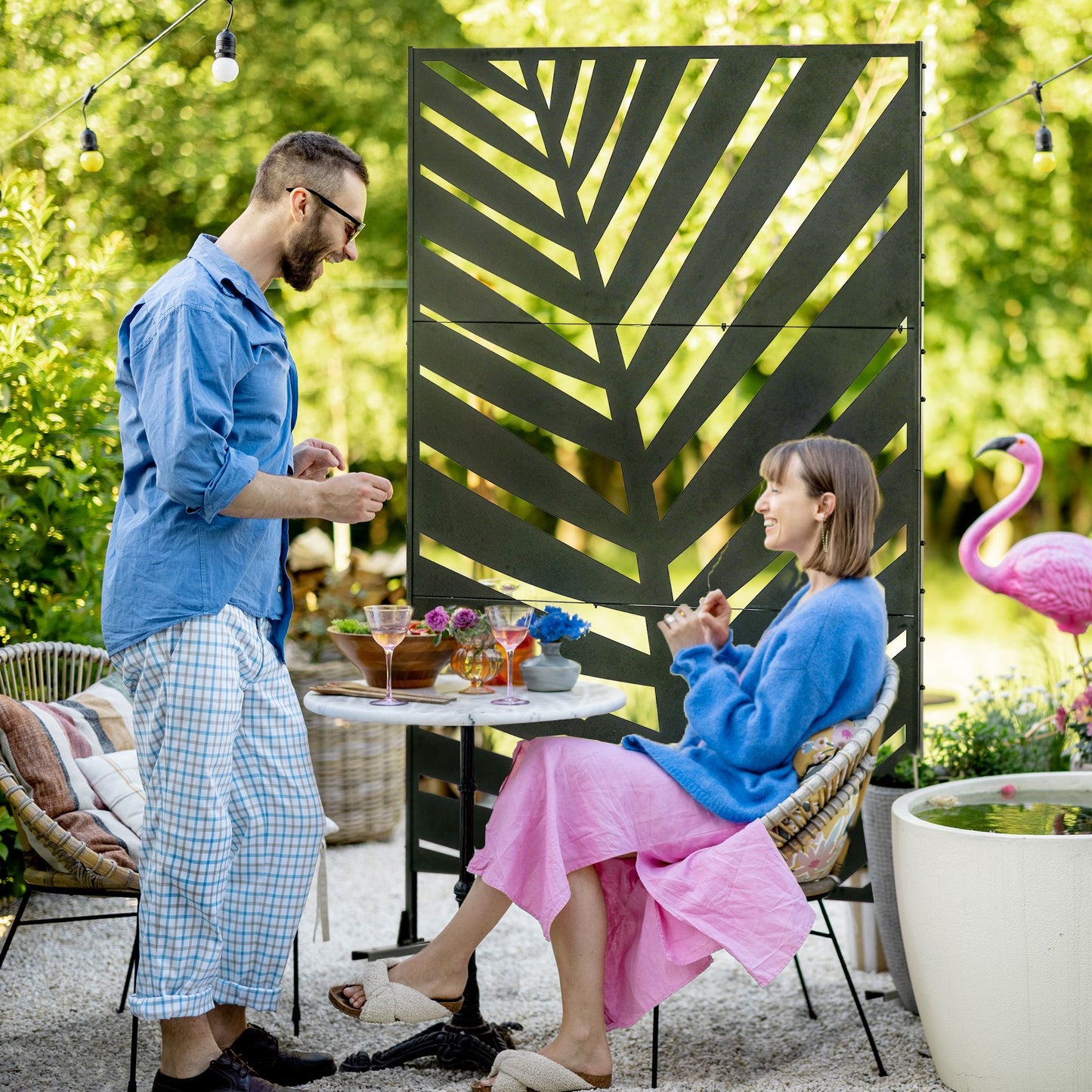 Outsunny Privacy Screen with Stand and Ground Stakes, 6.5FT Metal Outdoor Divider, Decorative Privacy Panel for Garden Patio Pool Hot Tub - OutdoorBox