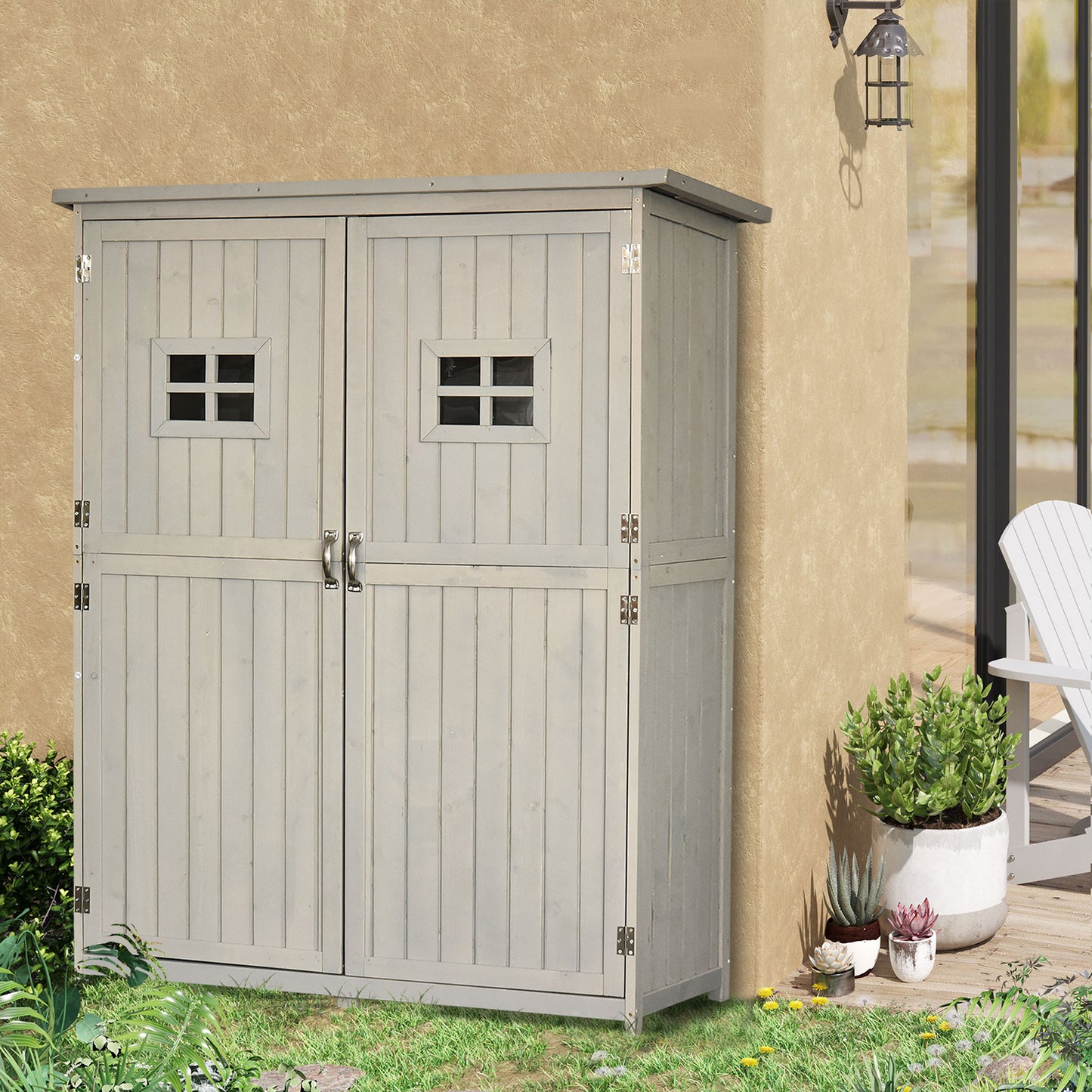 Outsunny Wooden Garden Shed Tool Storage Outsunny Wooden Garden Shed w/ Two Windows, Tool Storage Cabinet, 127.5L x 50W x 164H cm, Grey - OutdoorBox