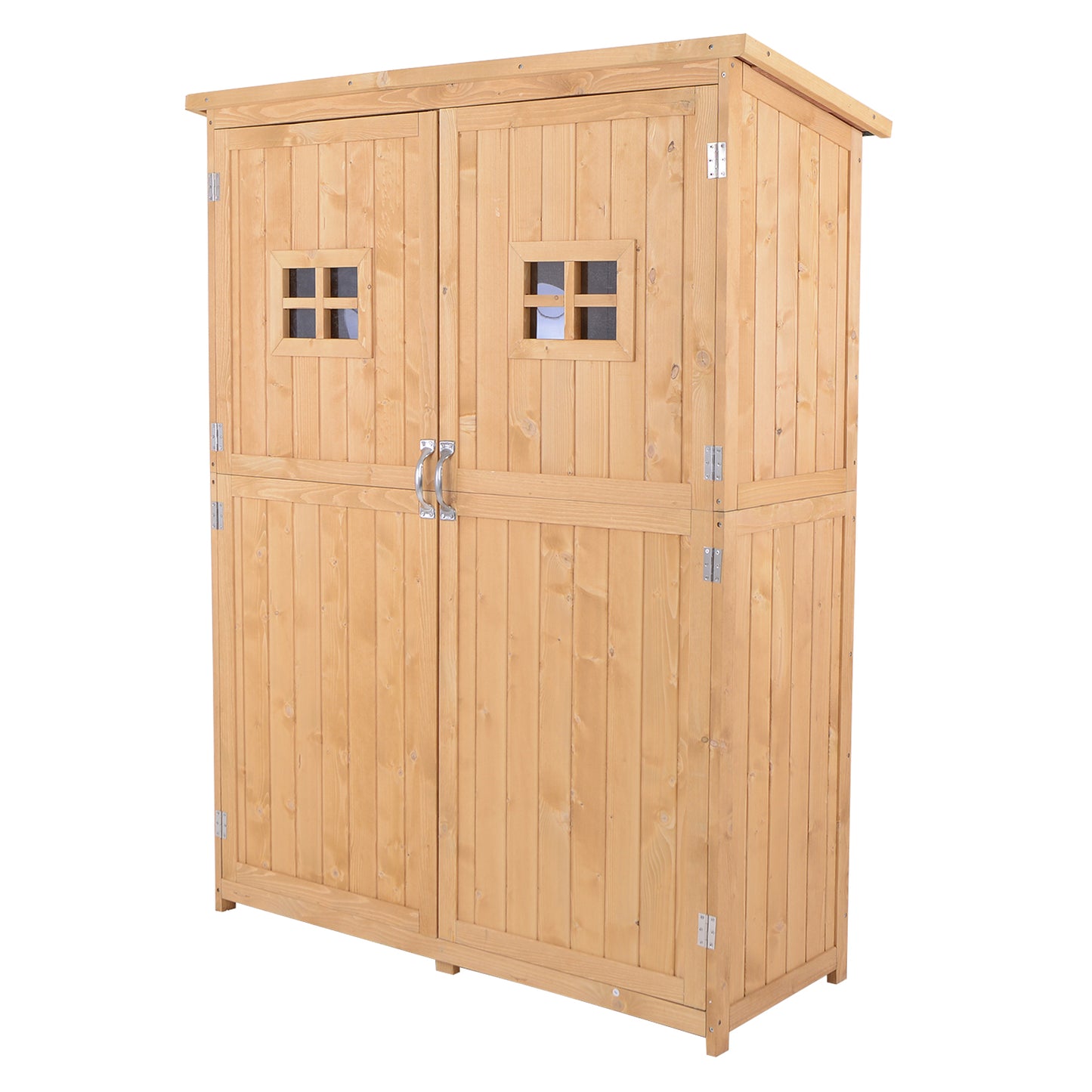 Outsunny Wooden Garden Storage Shed Tool Cabinet Organiser with Shelves, Two Windows, 127.5 x 50 x 164 cm, Natural - OutdoorBox