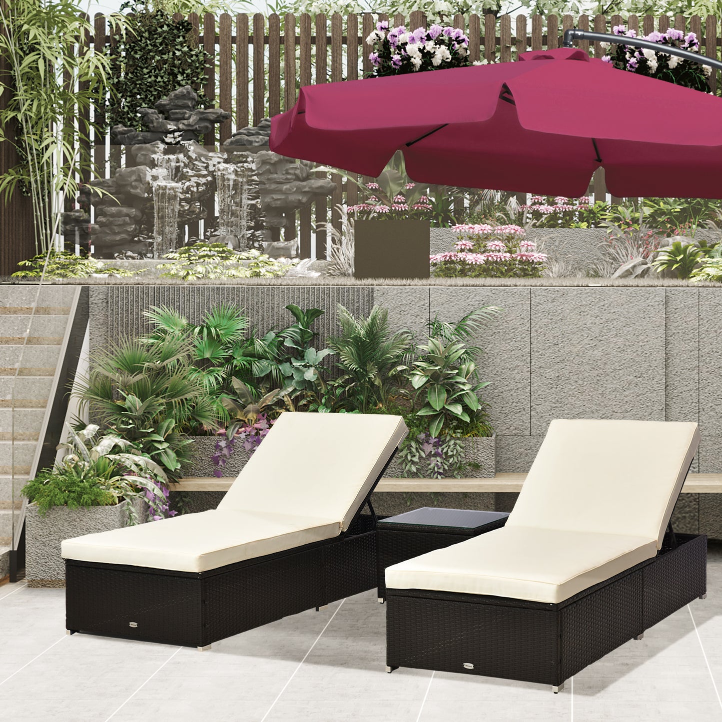 Outsunny 3PC Rattan Sun Lounger Garden Outdoor Wicker Recliner Bed Side Table Set Patio Furniture Dark Coffee