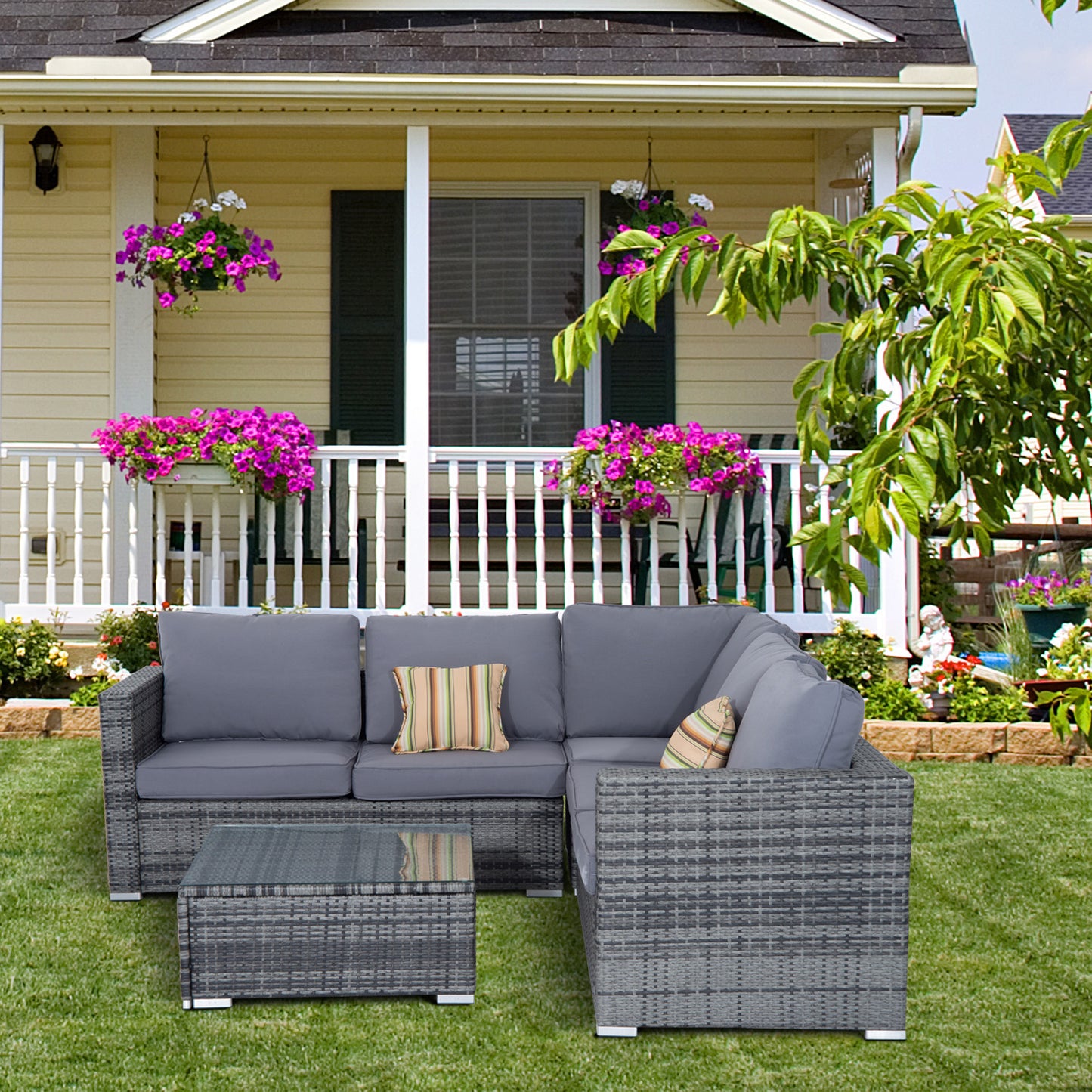 Outsunny 5-Seater Garden Furniture Sets Rattan Wicker Patio Conservatory Dining Set Indoor Outdoor with Corner Sofa Loveseat Coffee Table Cushions - OutdoorBox