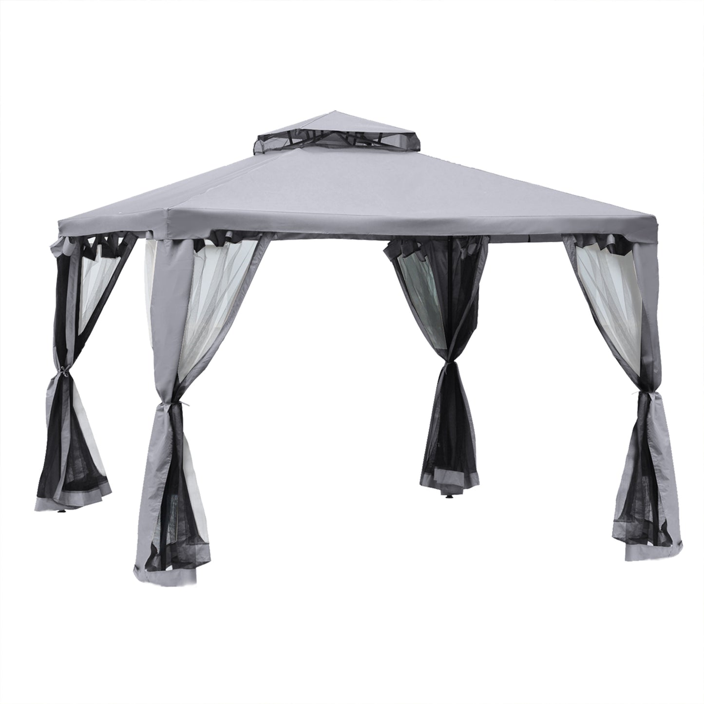 Outsunny 3 x 3 Meter Metal Gazebo Garden Outdoor 2-tier Roof Marquee Party Tent Canopy Pavillion Patio Shelter with Netting - Grey - OutdoorBox