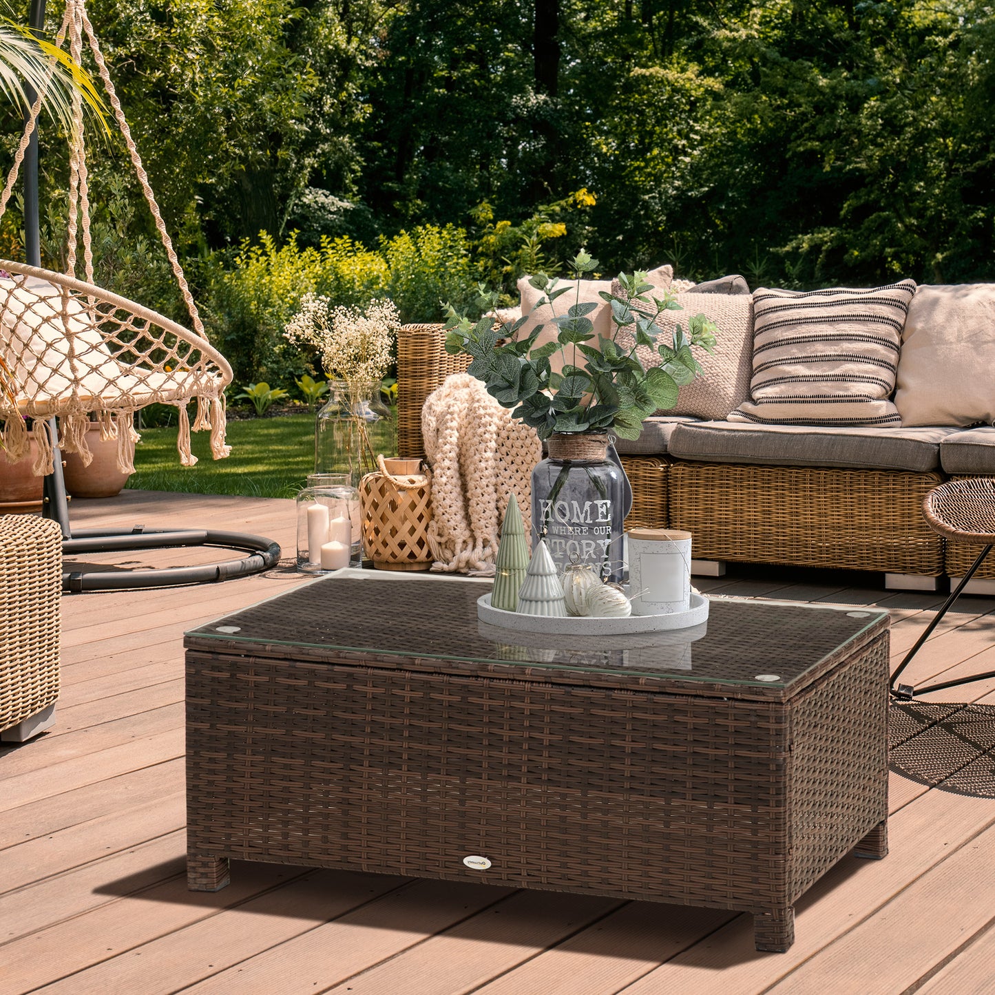 Outsunny Rattan Garden Furniture Coffee Table Patio Tempered Glass (Mixed Brown) - OutdoorBox