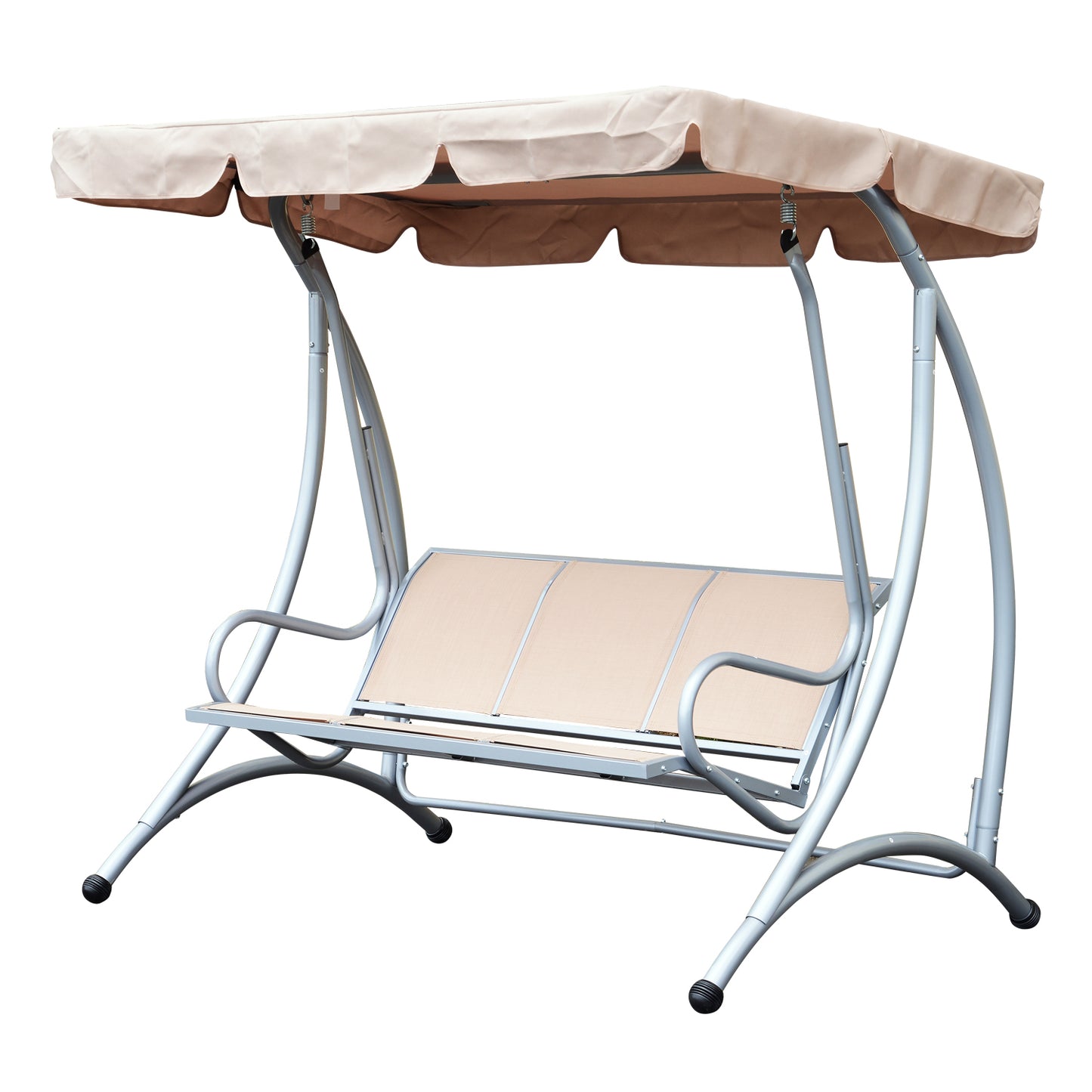 Outsunny 3 Seater Bench Steel Outdoor Patio Porch Swing Chair with Adjustable Canopy - Beige - OutdoorBox