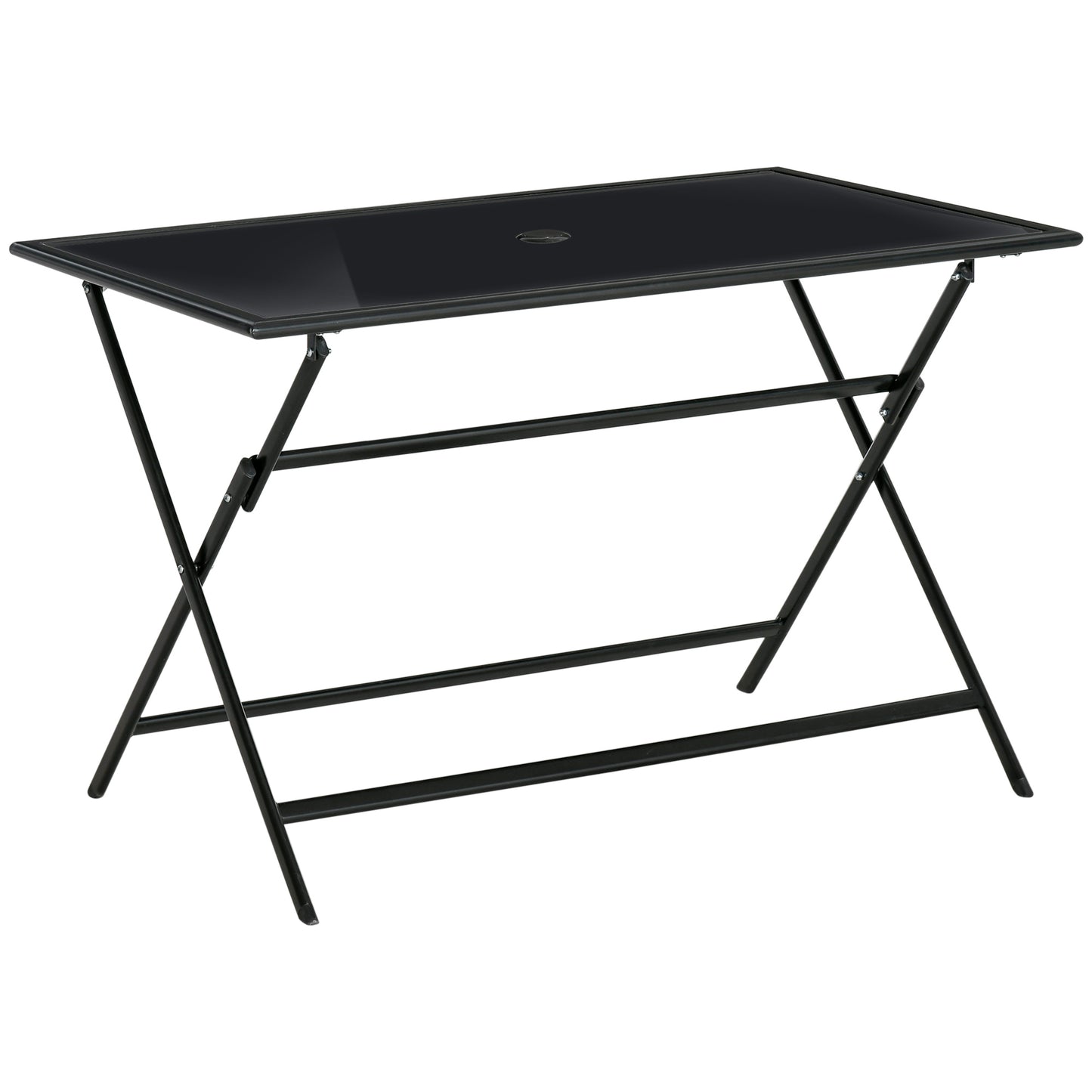 Outsunny Folding Outdoor Dining Table for 6, Rectangle Garden Table Tempered Glass Top with Parasol Hole Garden Lawn Backyard, 110 x 70 x 70 cm - OutdoorBox