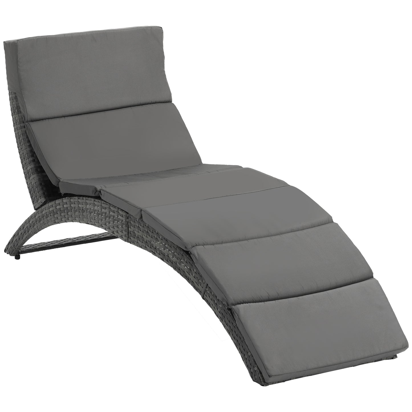Outsunny Garden Patio Rattan Wicker Folding Sun Lounger Recliner Bed Chair with Cushion for Outdoor, Grey - OutdoorBox