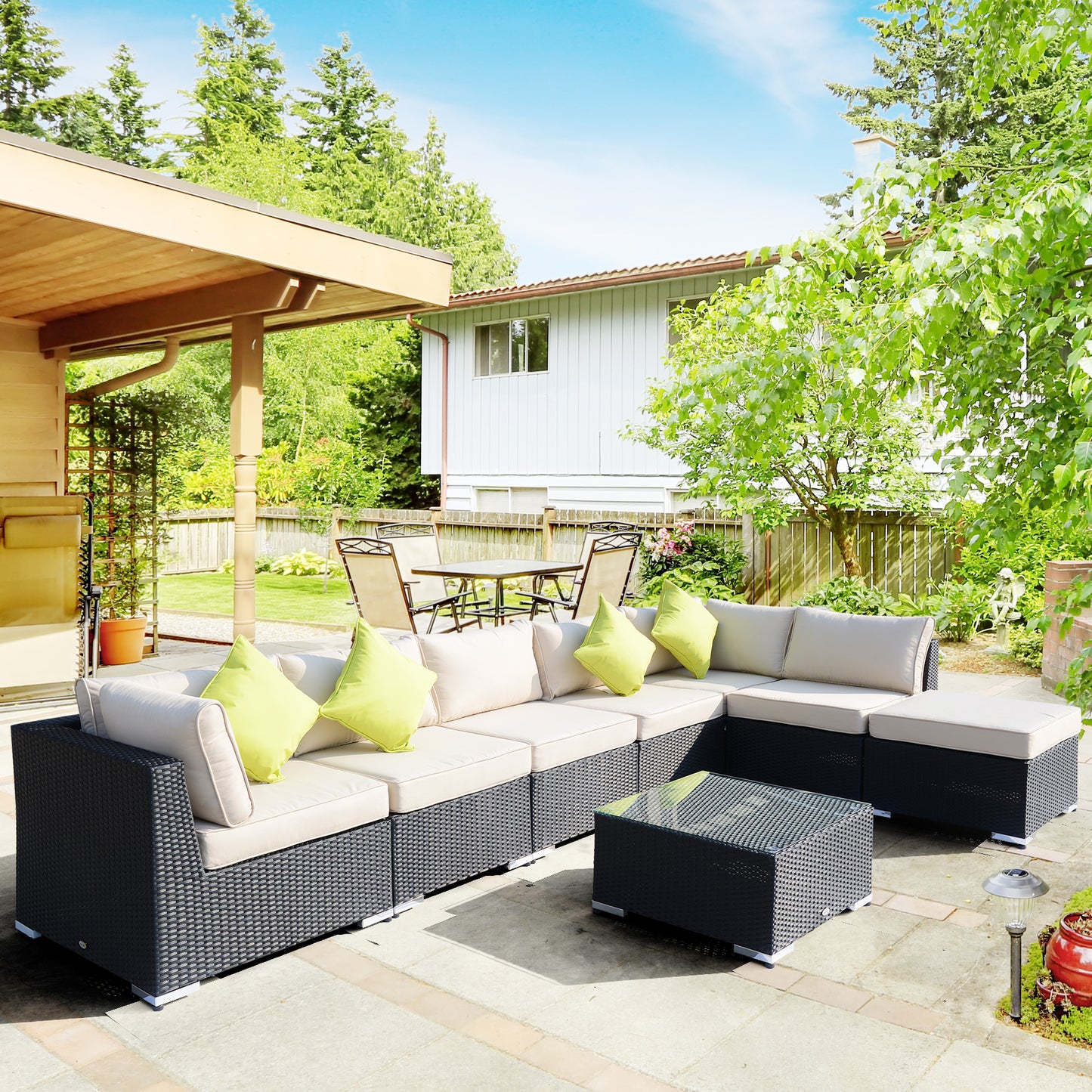 Outsunny 7-Seater Sofa Rattan Garden Furniture Aluminium Outdoor Patio Set Wicker Seater Table - Black - OutdoorBox