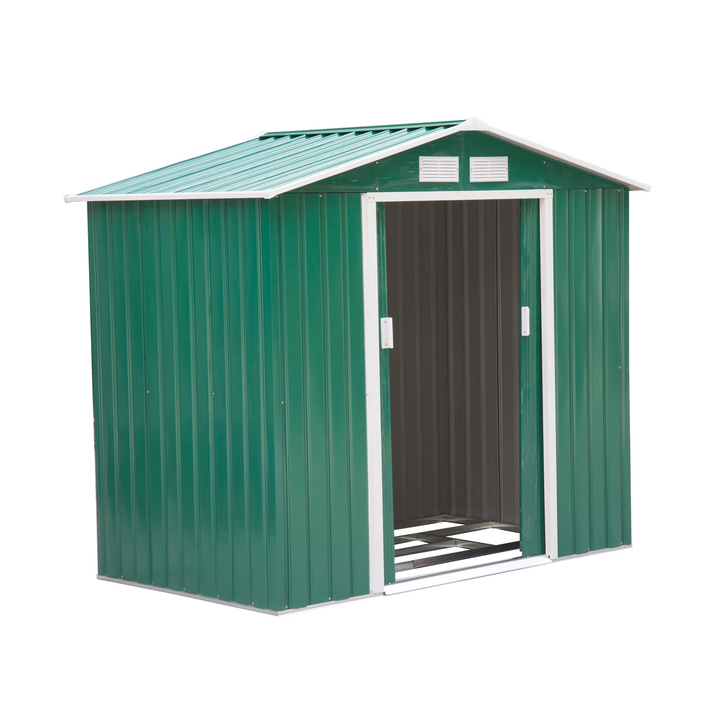 Outsunny 7ft x 4ft Lockable Garden Shed Large Patio Roofed Tool Metal Storage Building Foundation Sheds Box Outdoor Furniture, Green - OutdoorBox