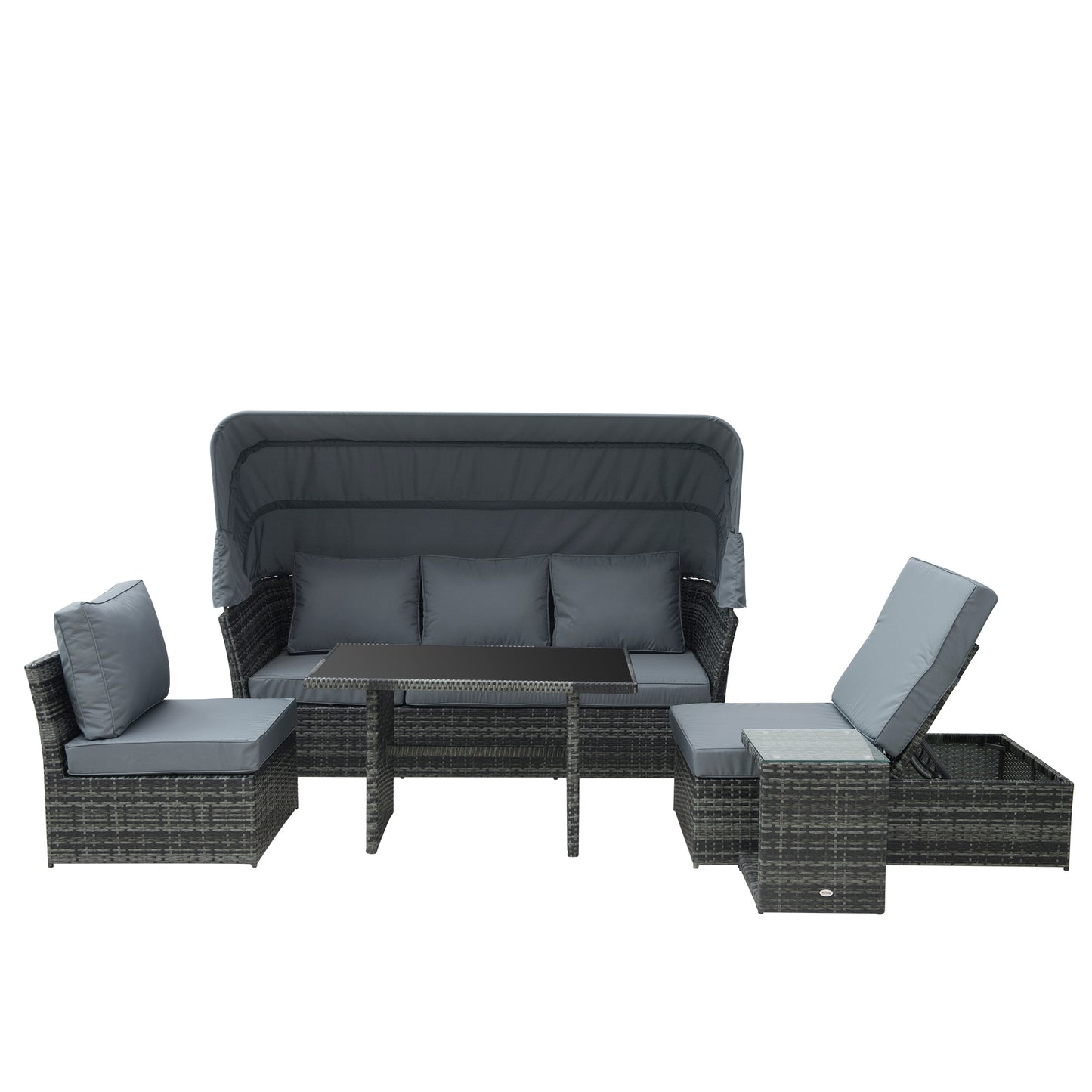 Outsunny 5-Seater Outdoor Rattan Garden Sofa Sets Reclining Sofa Adjustable Canopy & Side Dining Table Set, Mixed Grey - OutdoorBox