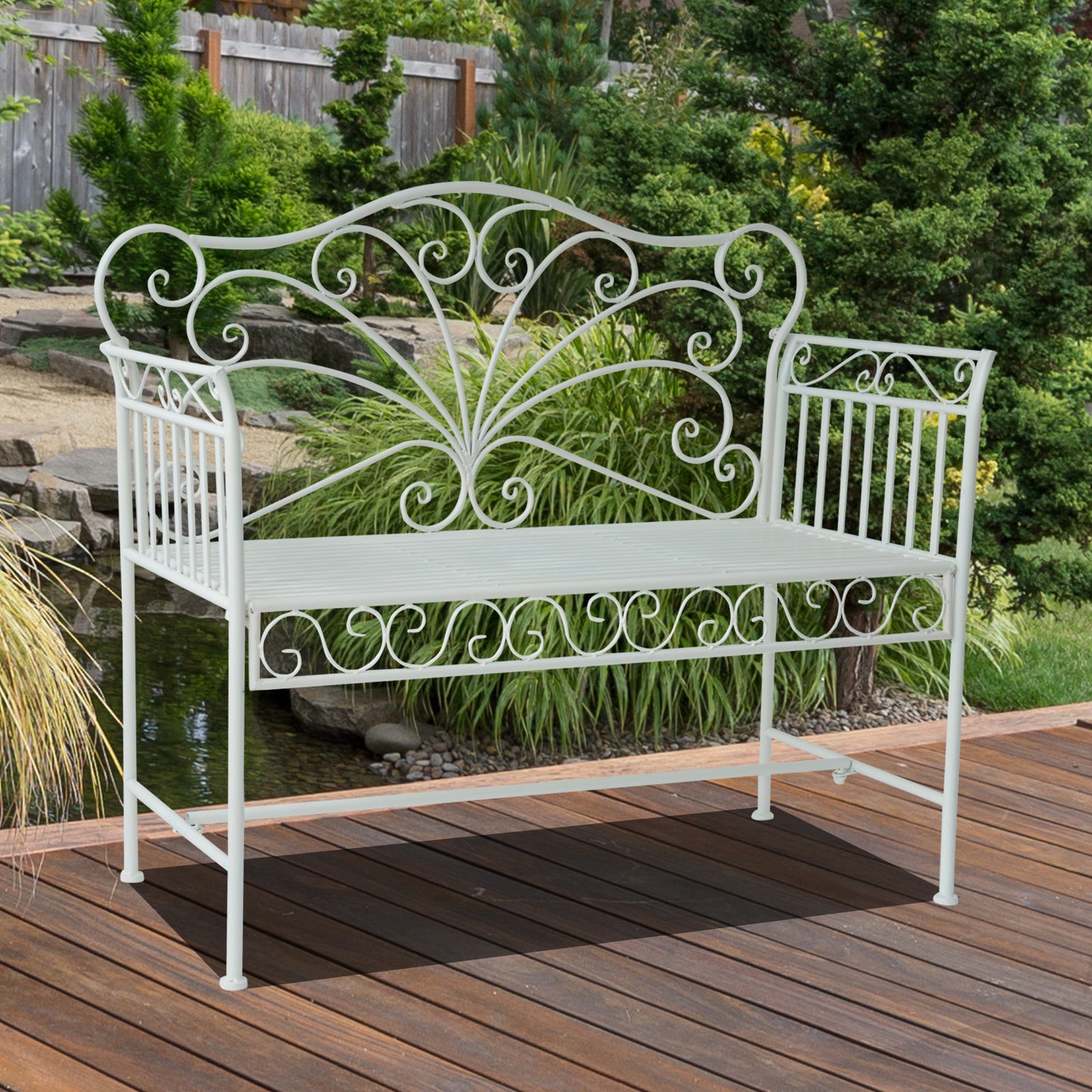 Outsunny Garden 2 Seater Metal Bench Park Seating Outdoor Furniture Chair w/ Decorative Backrest White - OutdoorBox