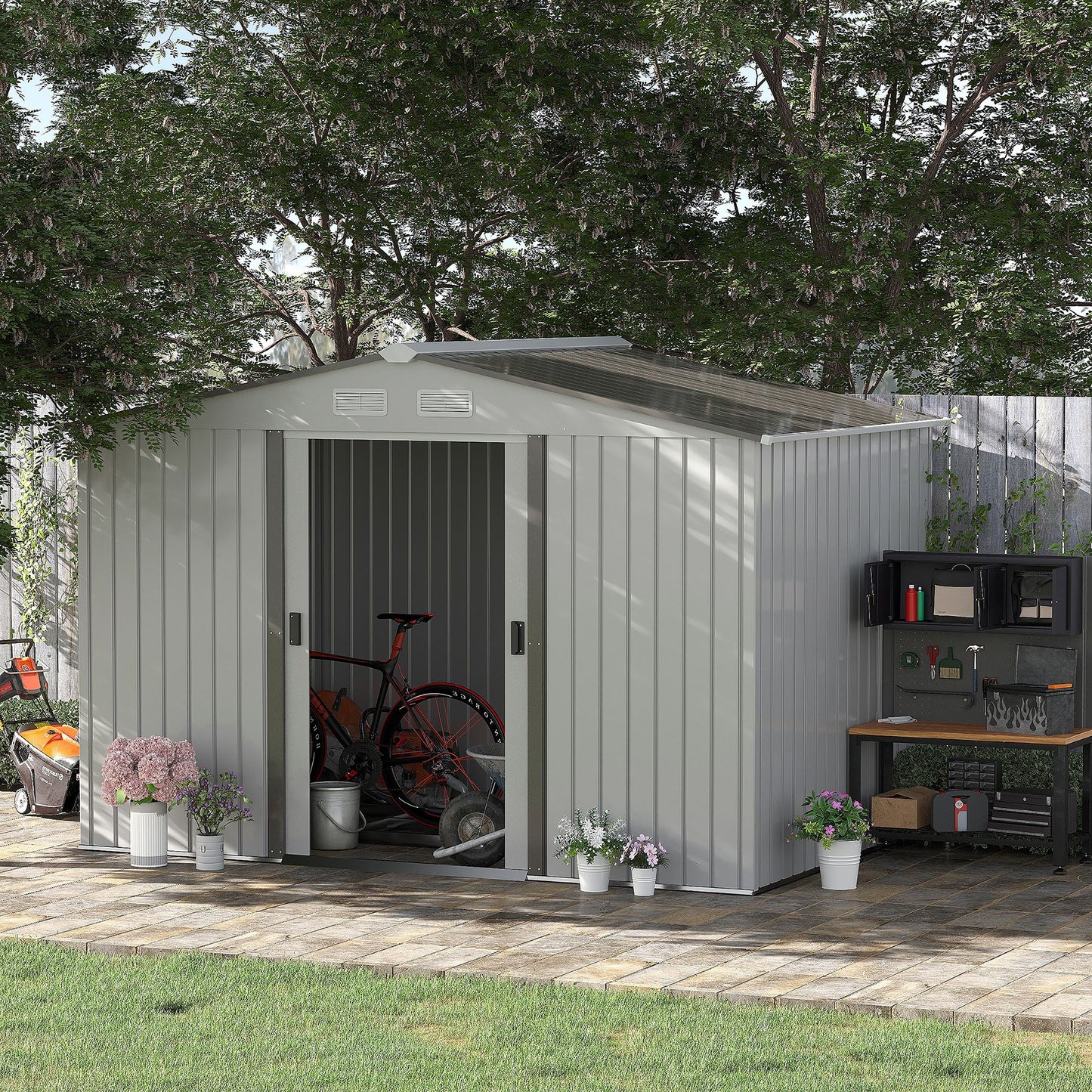 Outsunny 9 x 6FT Garden Storage Shed, Metal Outdoor Storage Shed House with Floor Foundation, Ventilation & Doors, Grey - OutdoorBox