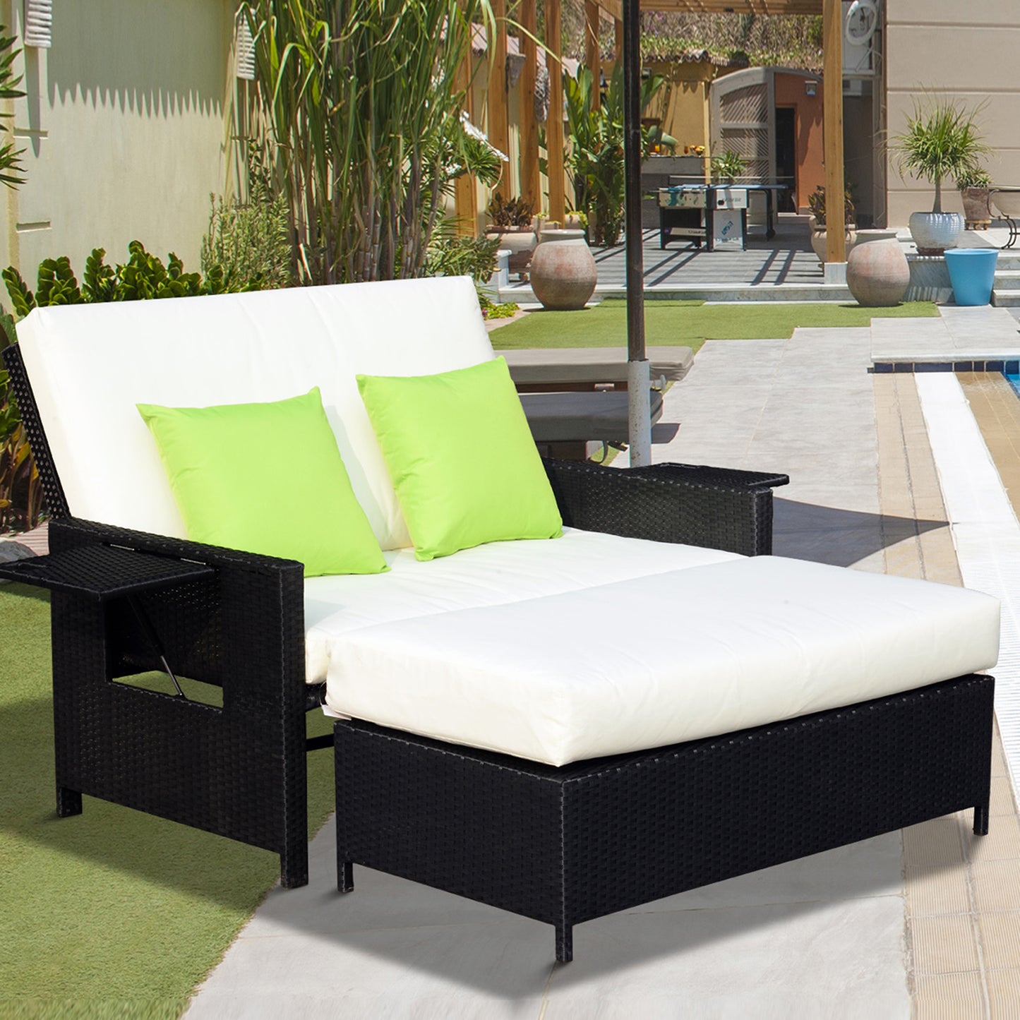 Outsunny 2 Seater Assembled Garden Patio Outdoor Rattan Furniture Sofa Sun Lounger Daybed with Fire Retardant Sponge - Black - OutdoorBox