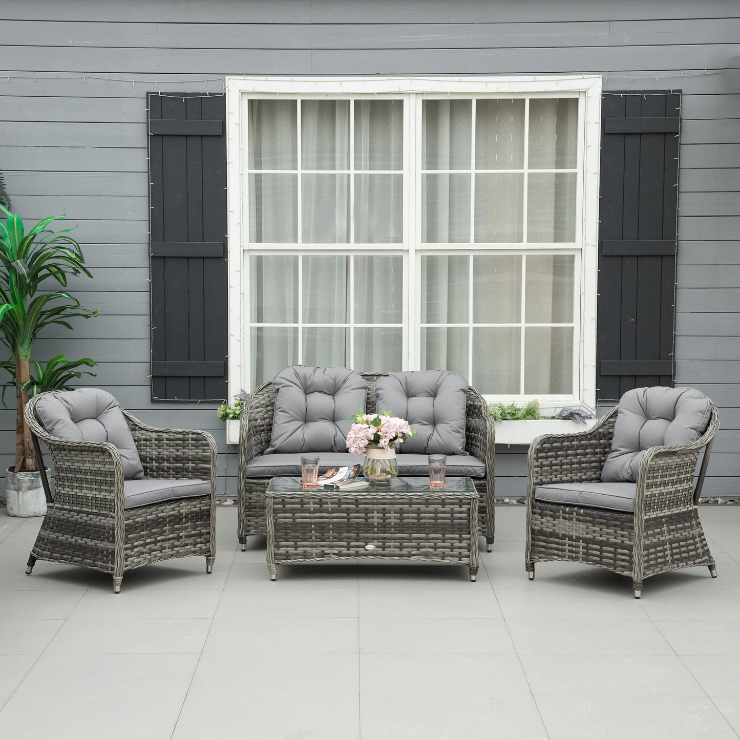 Outsunny 4-Seater PE Rattan Wicker Sofa Set Outdoor Conservatory Furniture Lawn Patio Coffee Table w/ Cushion - Grey