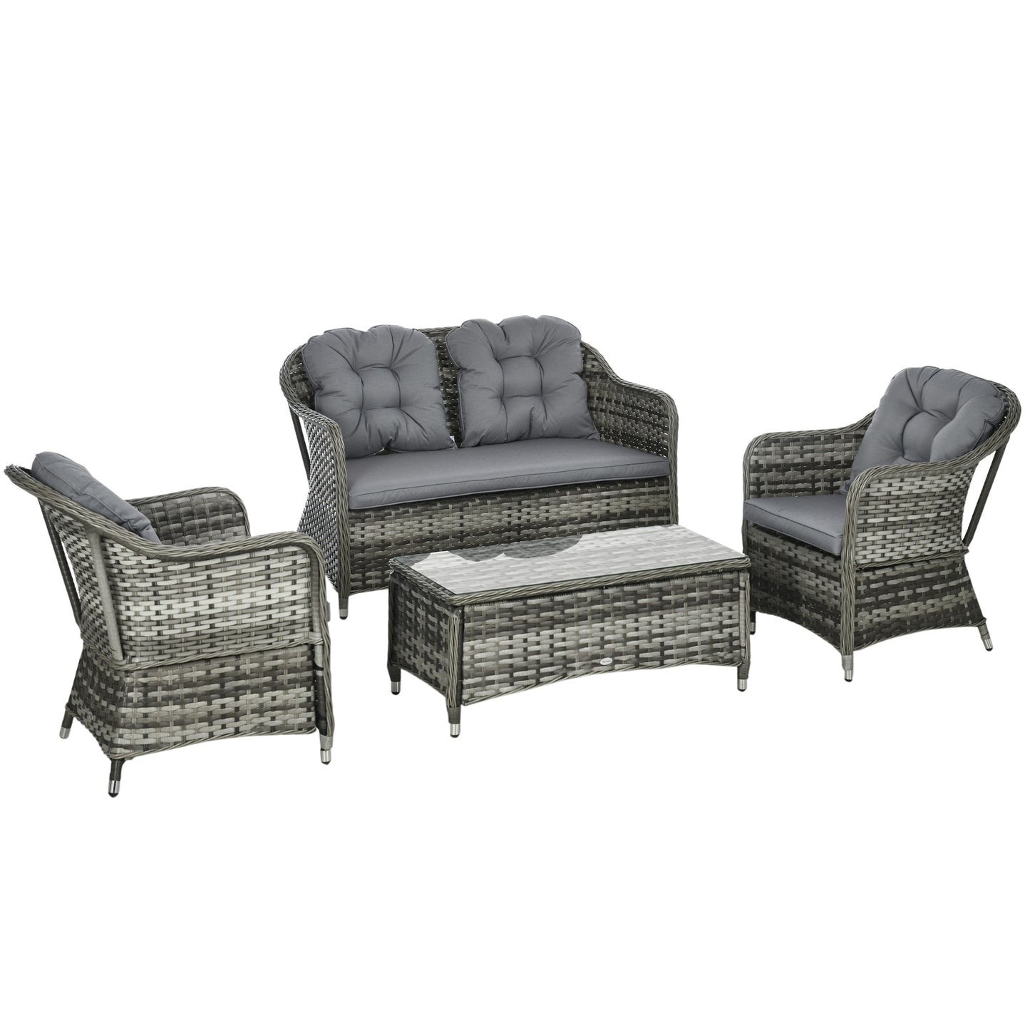 Outsunny 4 Pieces PE Rattan Wicker Sofa Set Outdoor Conservatory Furniture Lawn Patio Coffee Table w/ Cushion - Grey - OutdoorBox