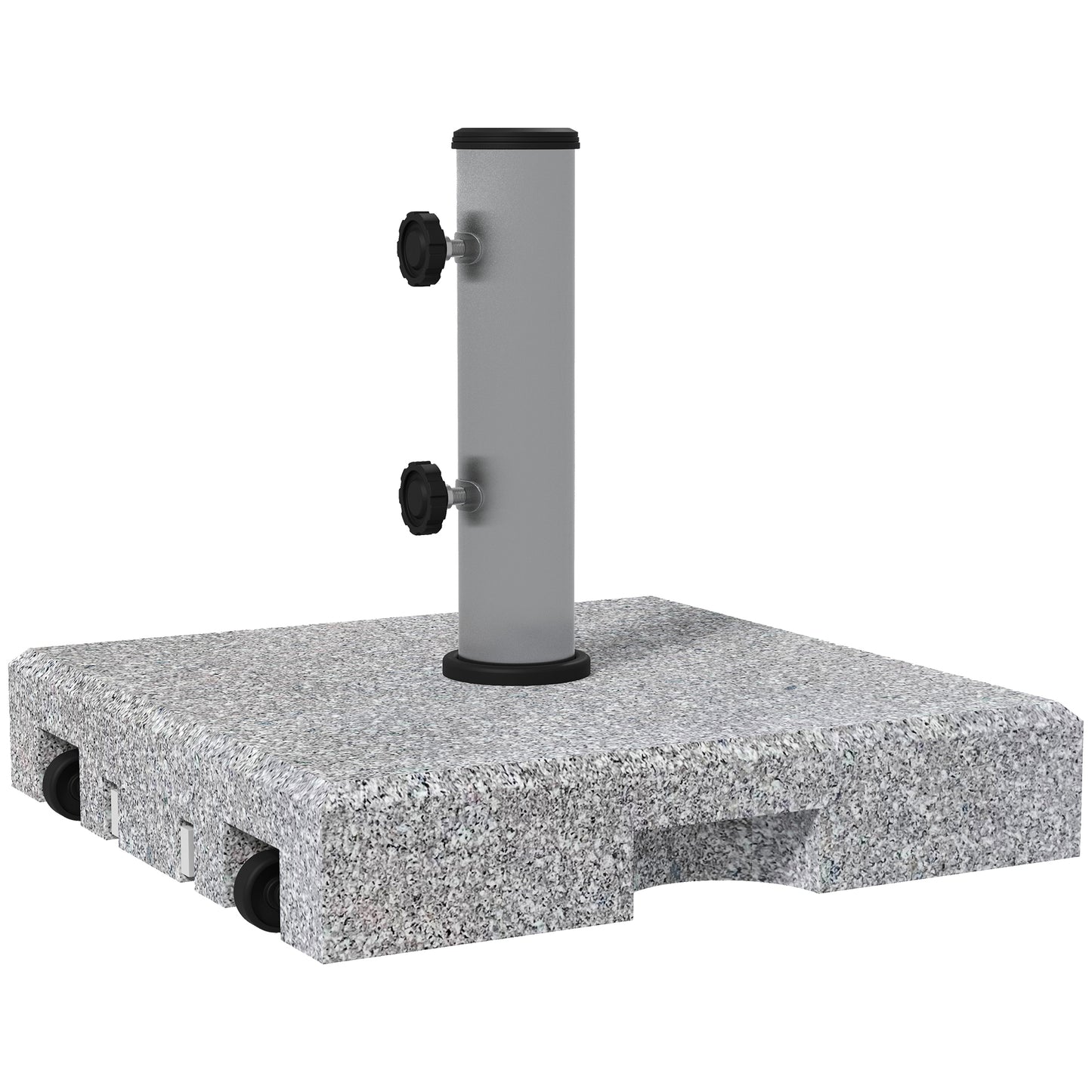 Outsunny Granite Parasol Base, 28kg Heavy Duty Square Umbrella Stand with Wheels, Retractable Handle, Stainless Steel, Grey - OutdoorBox