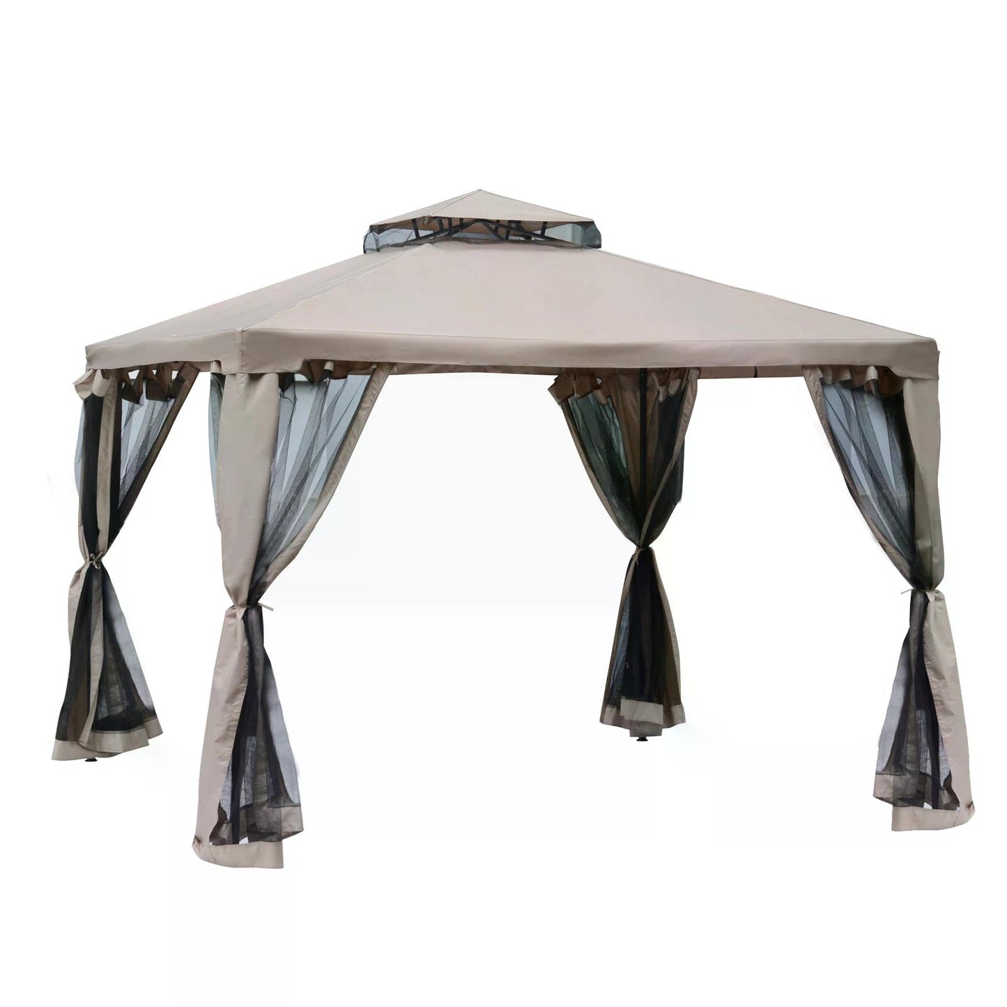 Outsunny Outdoor Garden Gazebo Tent, 2-tier Roof W/Netting, 295L x 295W x 263Hcm-Taupe - OutdoorBox