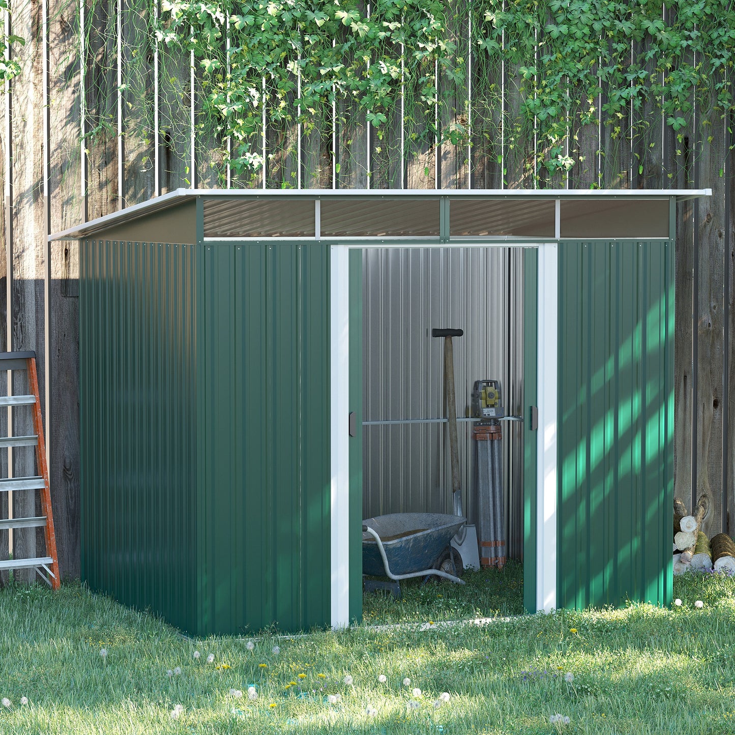 Outsunny Pent Roofed Metal Garden Shed House Hut Gardening Tool Storage w/ Ventilation 260L x 194W x 200H cm - OutdoorBox