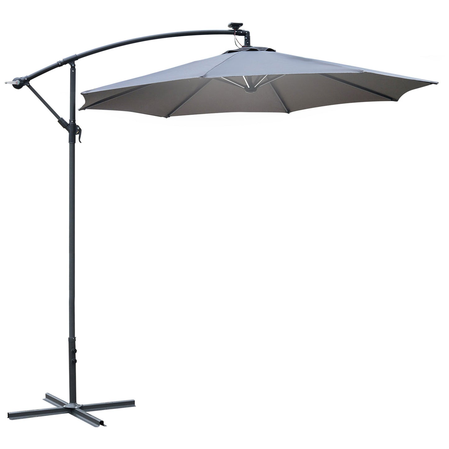 Outsunny 3(m) LED Banana Parasol Garden Cantilever Umbrella with Solar Lights, Crank Handle and Cross Base, Hanging Sun Shade, Grey - OutdoorBox