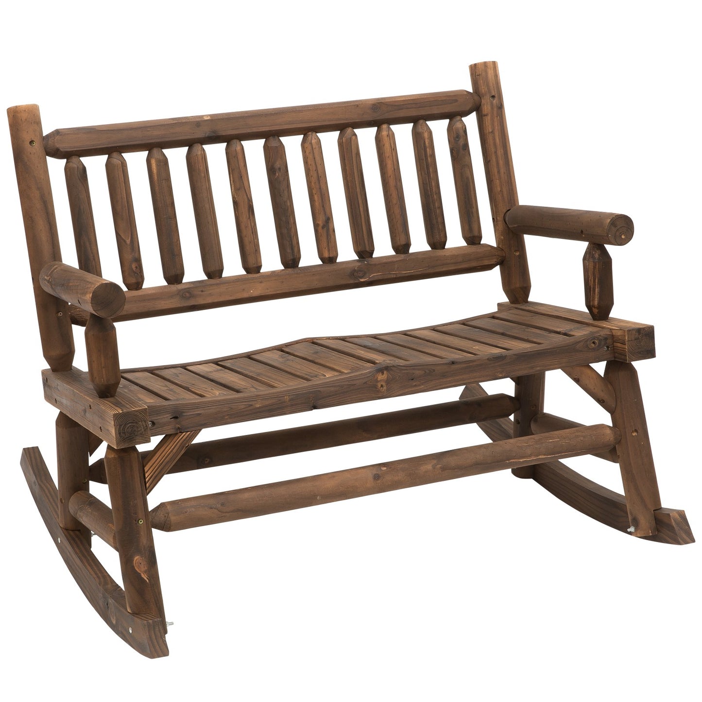 Outsunny Garden 2-Seater Rocking Bench Wood Frame Rough-Cut Log Loveseat Slatted High Back Rustic Style with Armrests - Dark Stain Brown - OutdoorBox