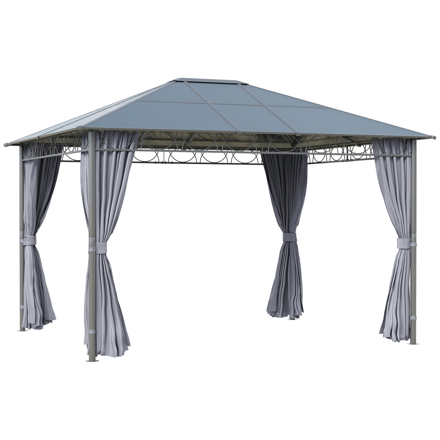 Outsunny 3.6 x 3(m) Hardtop Gazebo with UV Resistant Polycarbonate Roof, Steel & Aluminum Frame, Garden Pavilion with Curtains, Grey - OutdoorBox