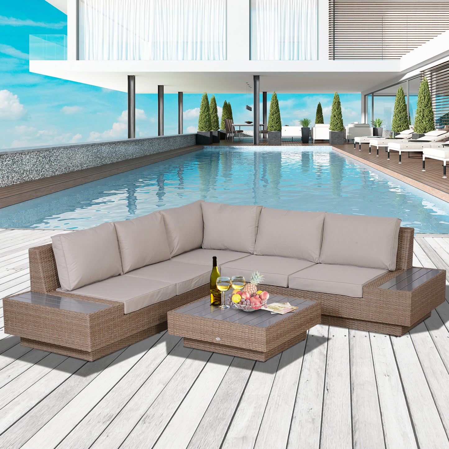 Outsunny 5-Seater Rattan Garden Furniture Outdoor Sectional Corner Sofa and Coffee Table Set Conservatory Wicker Weave w/ Armrest Cushions, Beige