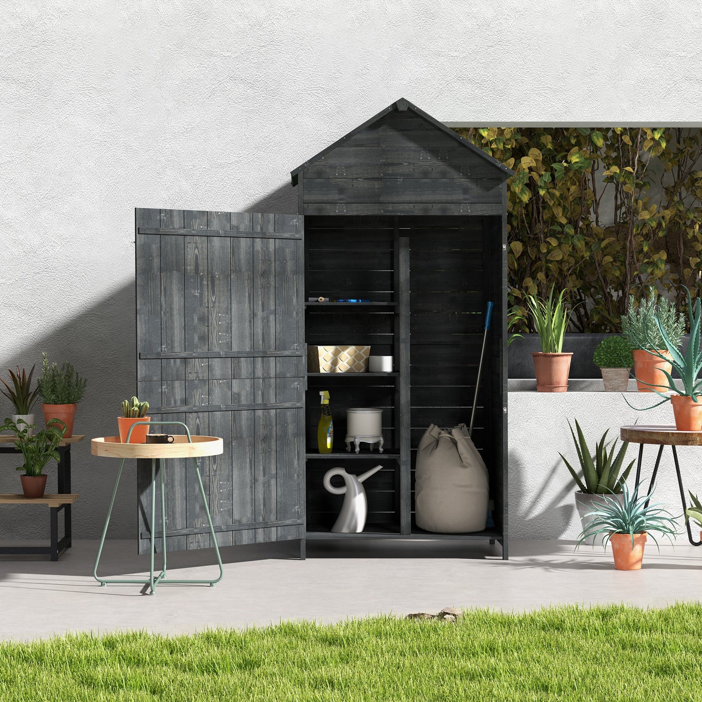 OutsunnyGarden Storage 4-Tier Wooden Garden Outdoor Shed 3 Shelves Utility Gardener Cabinet Lockable 2 Doors - Grey - OutdoorBox