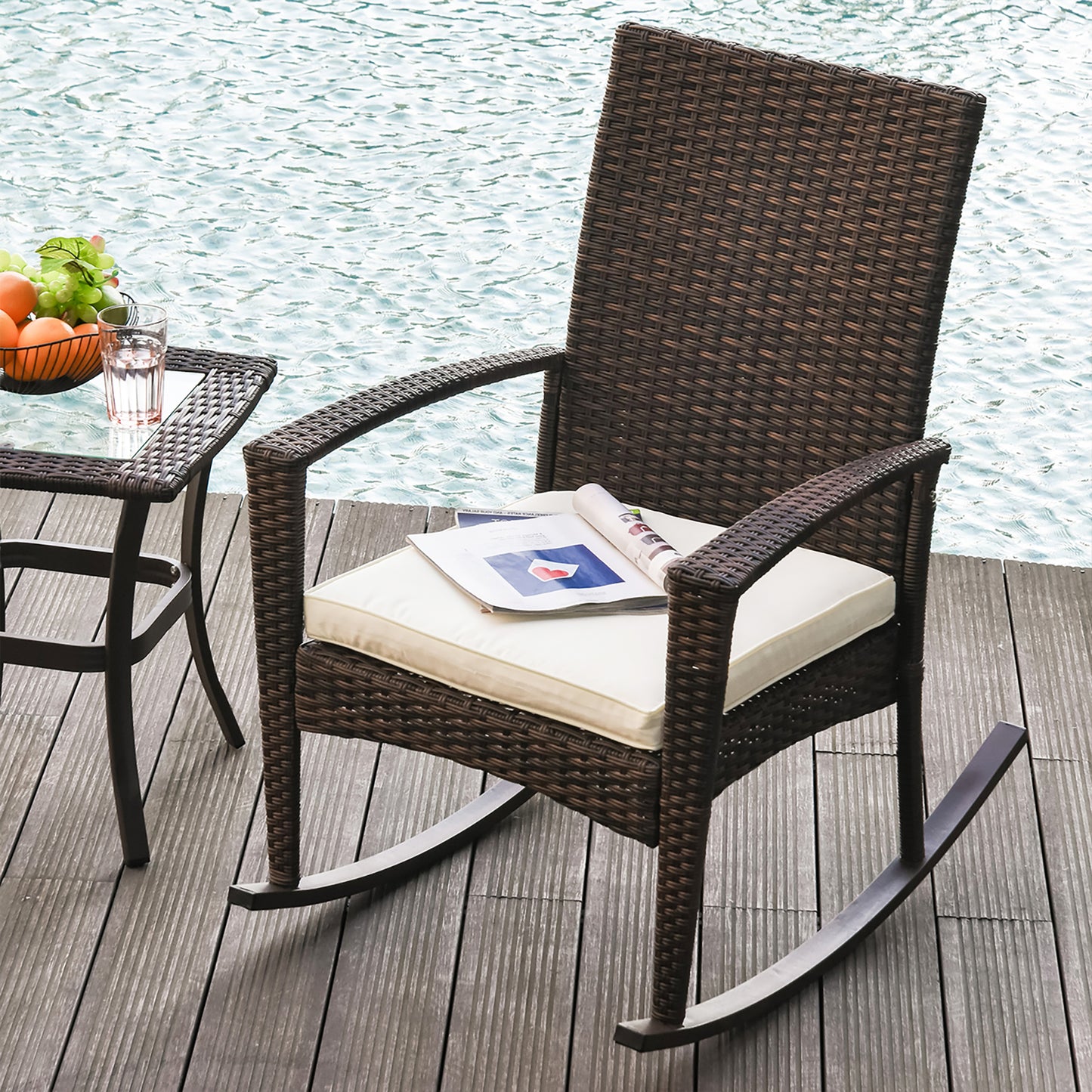 Outsunny Rattan Rocking Chair Rocker Garden Furniture Seater Patio Bistro Relaxer Outdoor Wicker Weave with Cushion - Brown - OutdoorBox