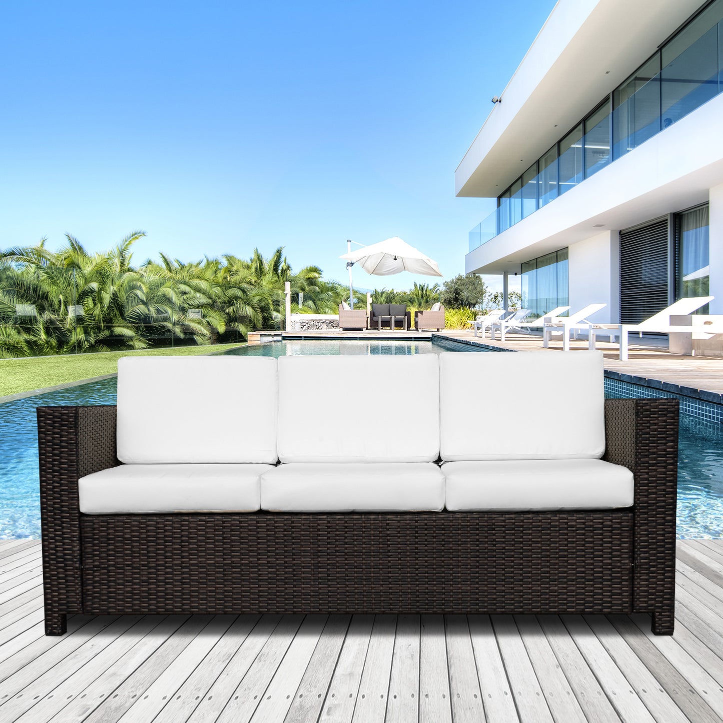 Outsunny Garden Rattan 3 Seater All-Weather Wicker Weave Metal Frame Chair with Fire Resistant Cushion - Brown - OutdoorBox