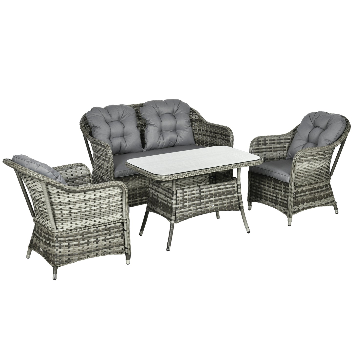 Outsunny 4 Pieces Outdoor PE Rattan Garden Furniture, Patio Round Wicker Woven Conversation Sofa Set w/ Padded Cushions and Tempered Glass Top Table - OutdoorBox