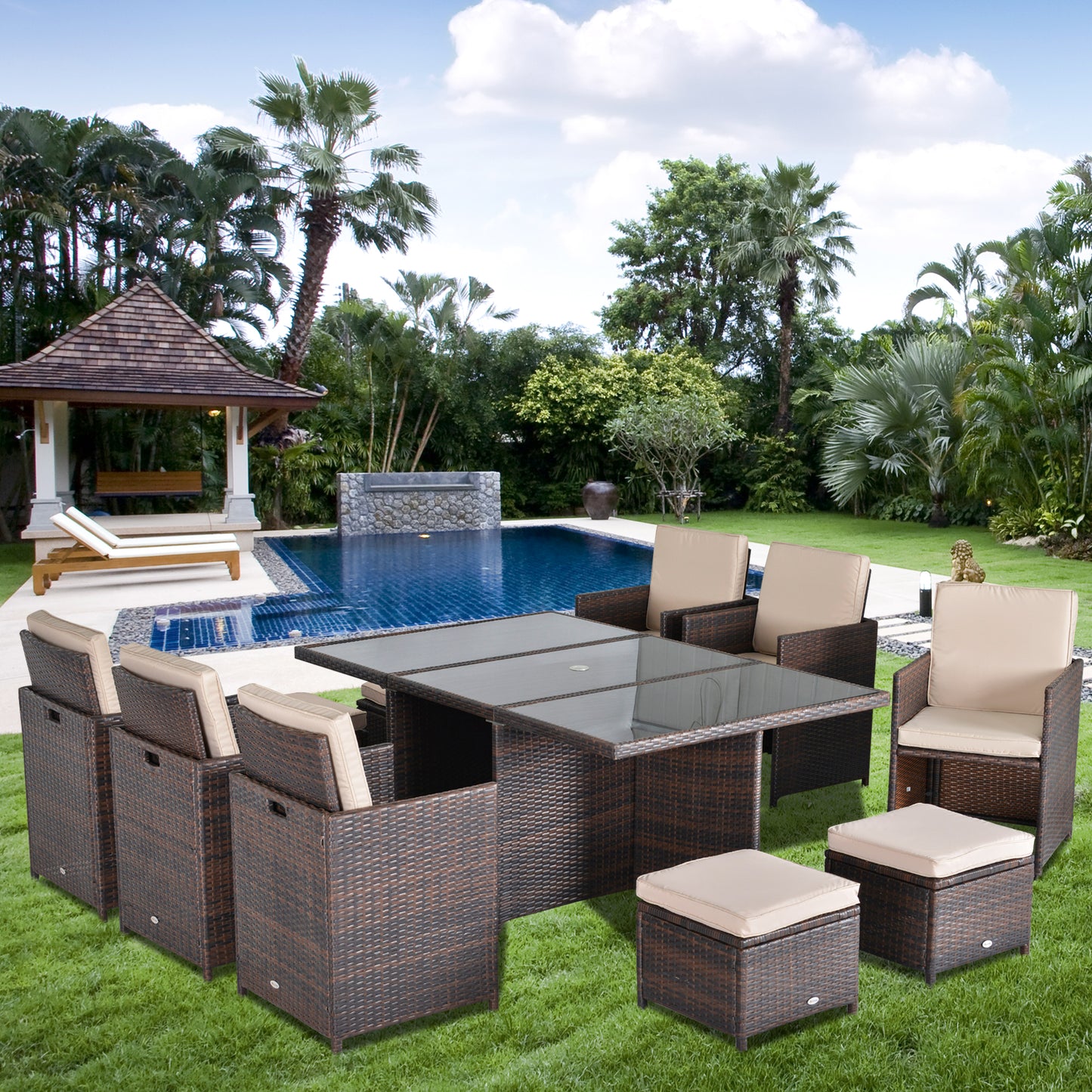 Outsunny Outdoor 11pc Rattan Garden Furniture Patio Dining Set 10-seater Cube Sofa Weave Wicker 6 Chairs 4 Footrests & 1 Table Mixed Brown - OutdoorBox