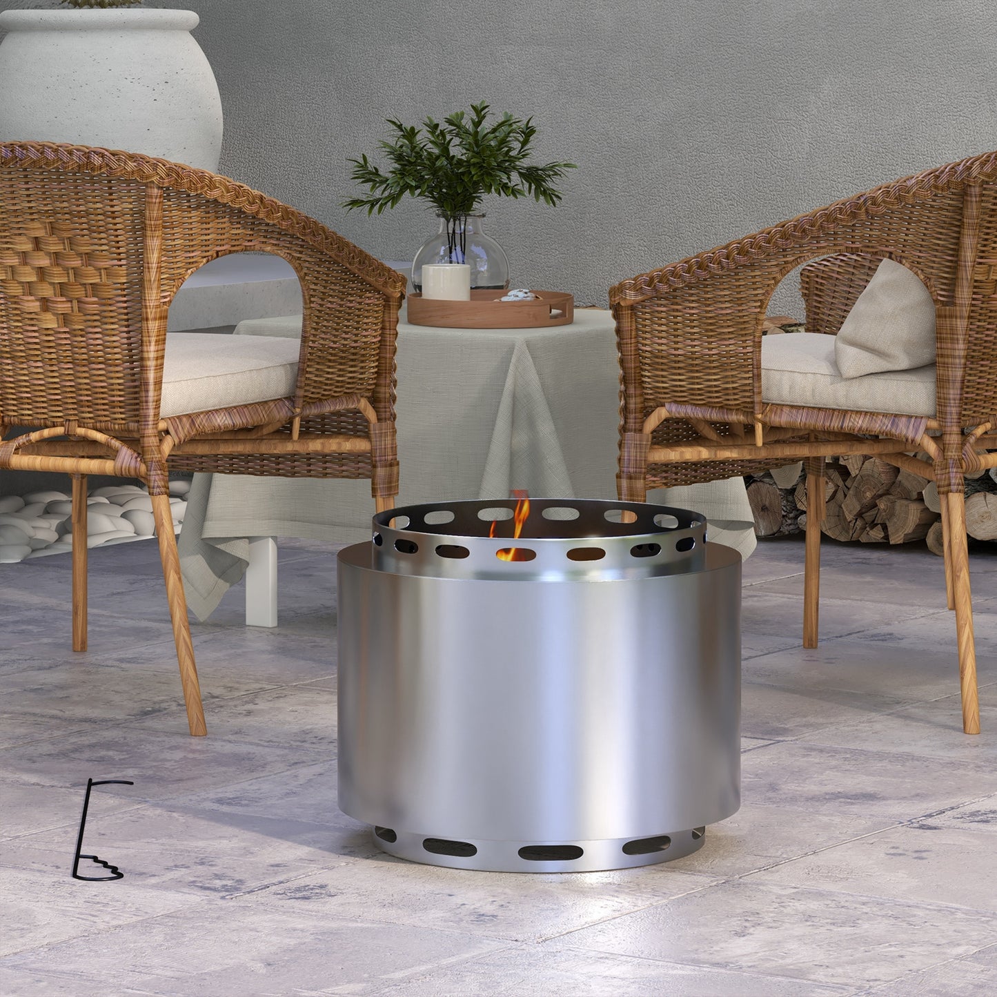 Outsunny Smokeless Fire Pit, 48.5cm Portable Wood Burning Firepit with Poker for Garden Camping Bonfire Party, Stainless Steel, Silver - OutdoorBox