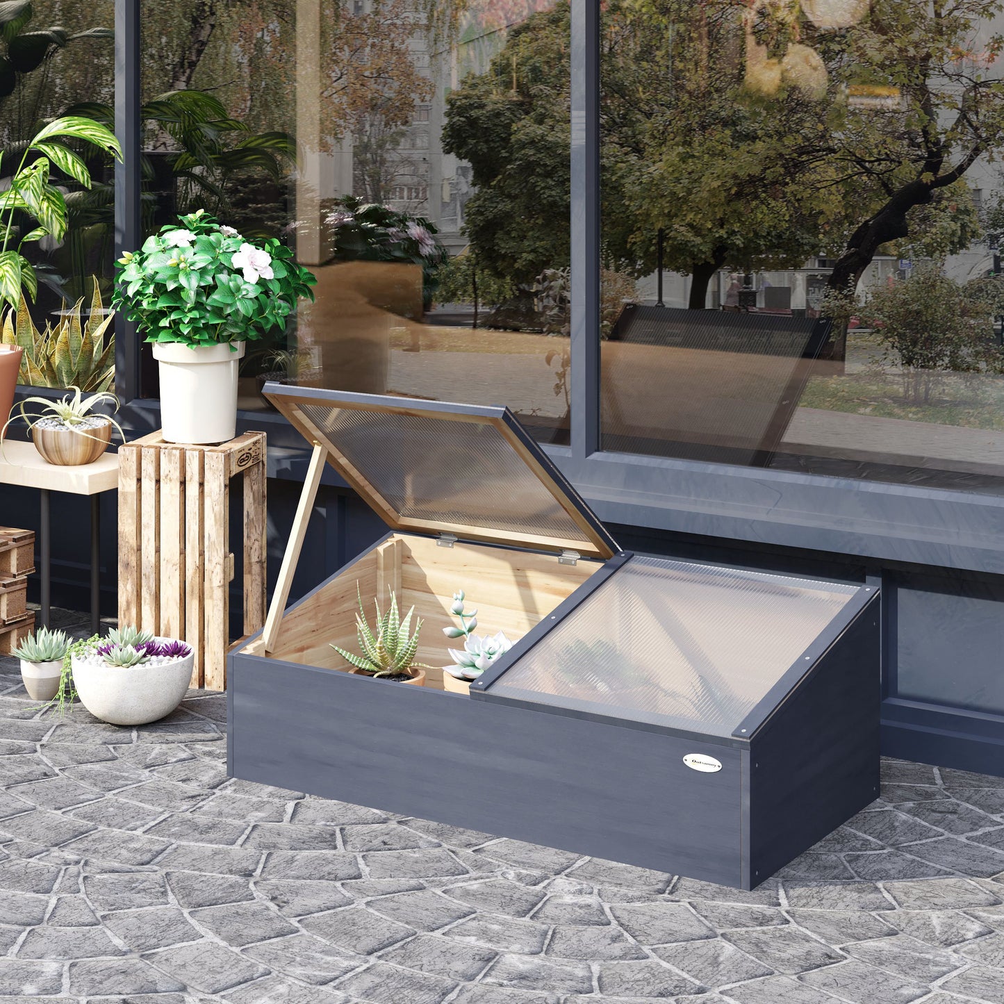 Outsunny Wooden Cold Frame Greenhouse Garden Polycarbonate Grow House with Independent Openable Top Covers for Plants, 100 x 50 x 36 cm, Light Grey
