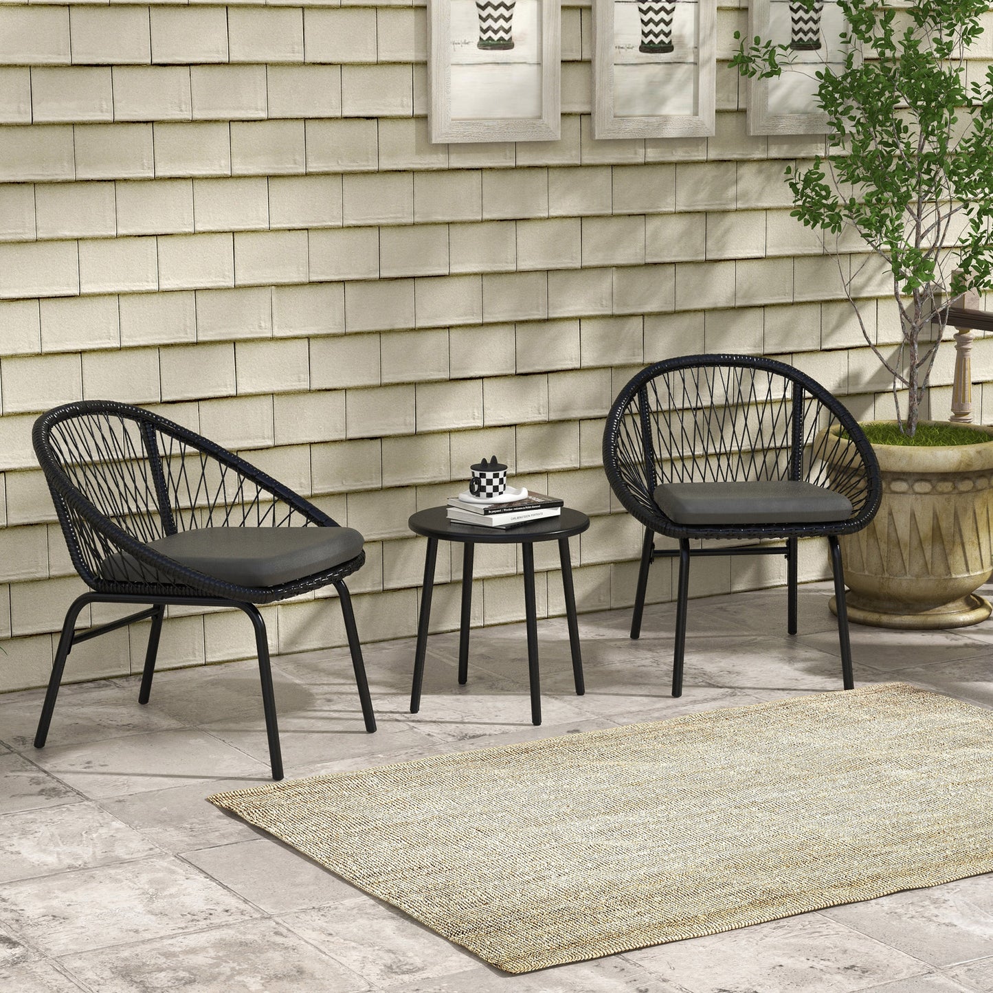 Outsunny 3 Piece Garden Furniture Set with Cushions, Round PE Rattan Bistro Set w/ 2 Armchairs & Metal Plate Coffee Table Conversation Furniture Sets, Black