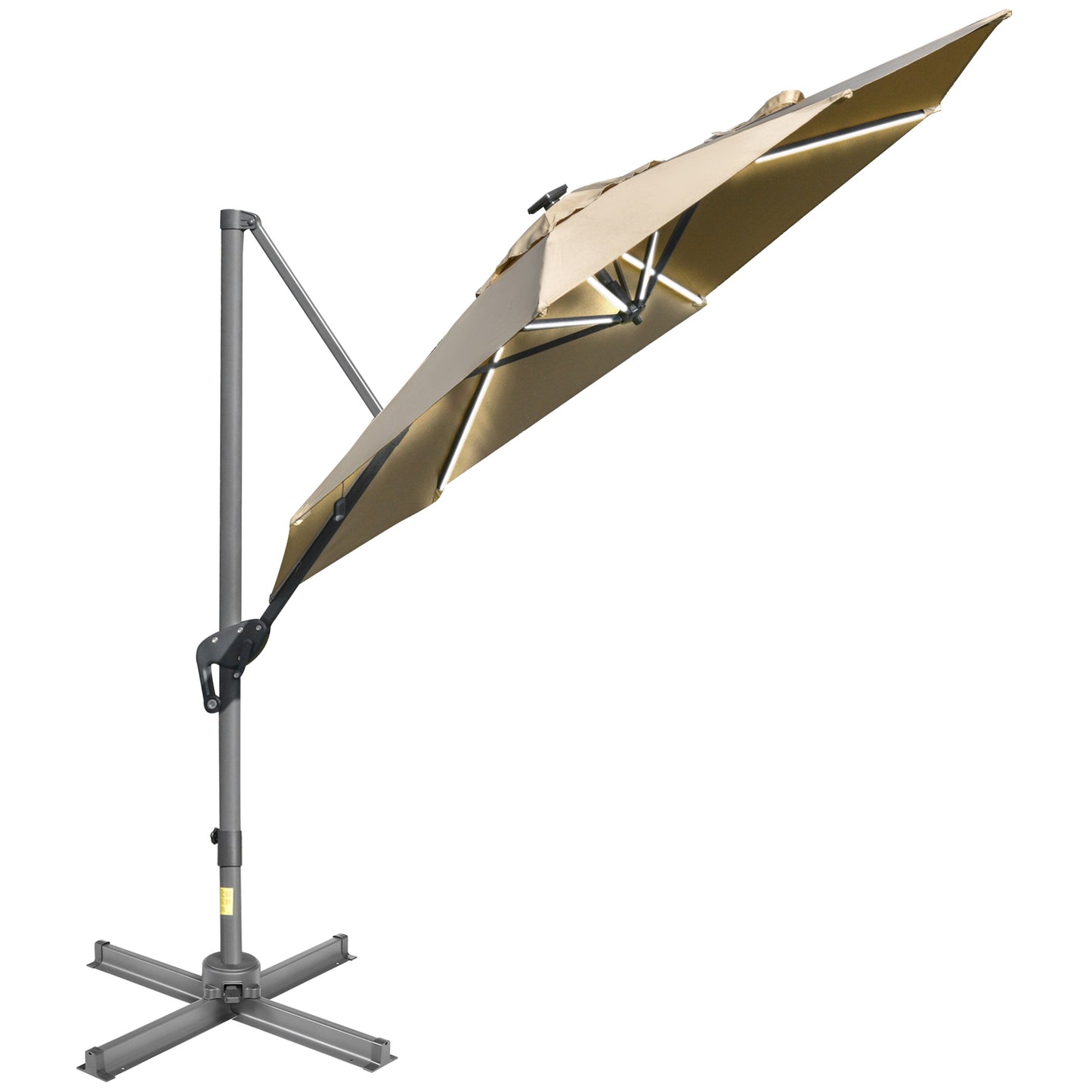 Outsunny 3m Square Outdoor Umbrella Adjustable Garden Sun Umbrella with LED Solar Light Cross Base Rotating Outdoor- Khaki - OutdoorBox