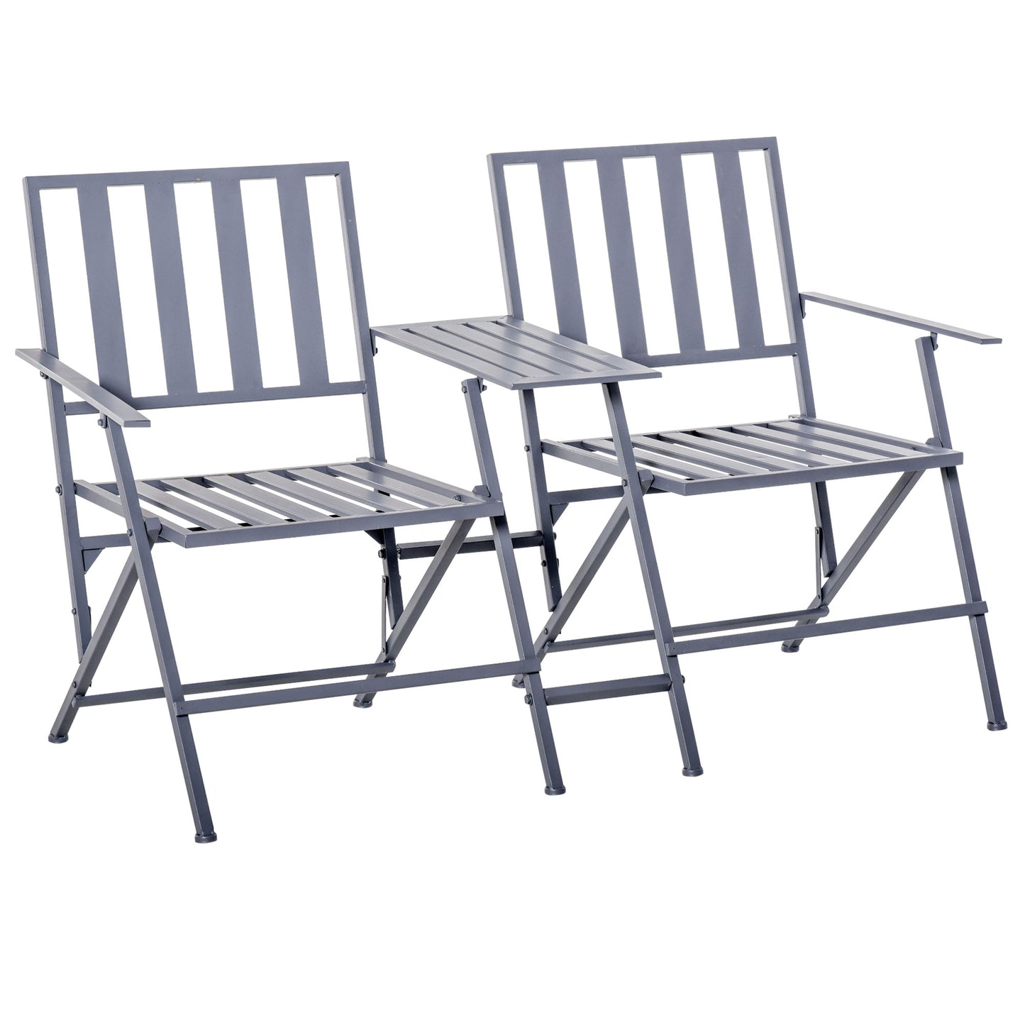 Outsunny Folding Steel Double Seat Garden Loveseat Bench Patio Chair w/ Table Companion Slatted Garden Patio Outdoor Balcony Furniture Grey - OutdoorBox