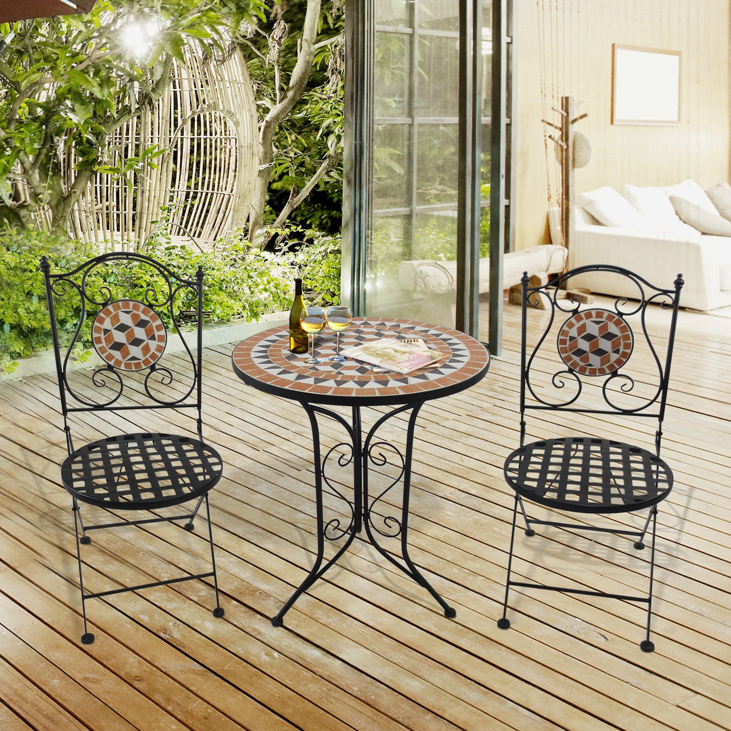 Outsunny 3 PCs Garden Mosaic Bistro Set Outdoor Patio 2 Folding Chairs & 1 Round Table Outdoor Metal Furniture Vintage