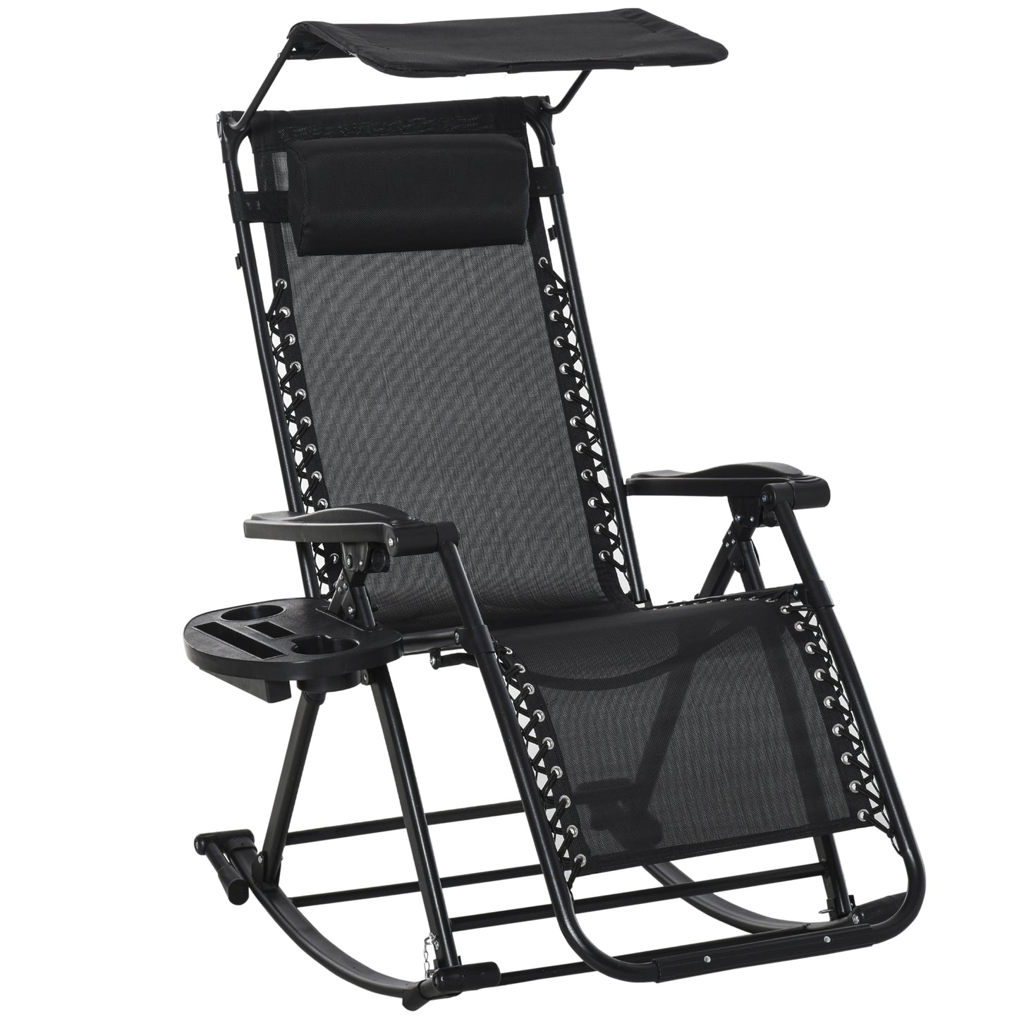 Outsunny Garden Rocking Chair Folding Recliner Outdoor Adjustable Sun Lounger Rocker Zero-Gravity Seat with Headrest Side Holder Patio Deck - Black - OutdoorBox