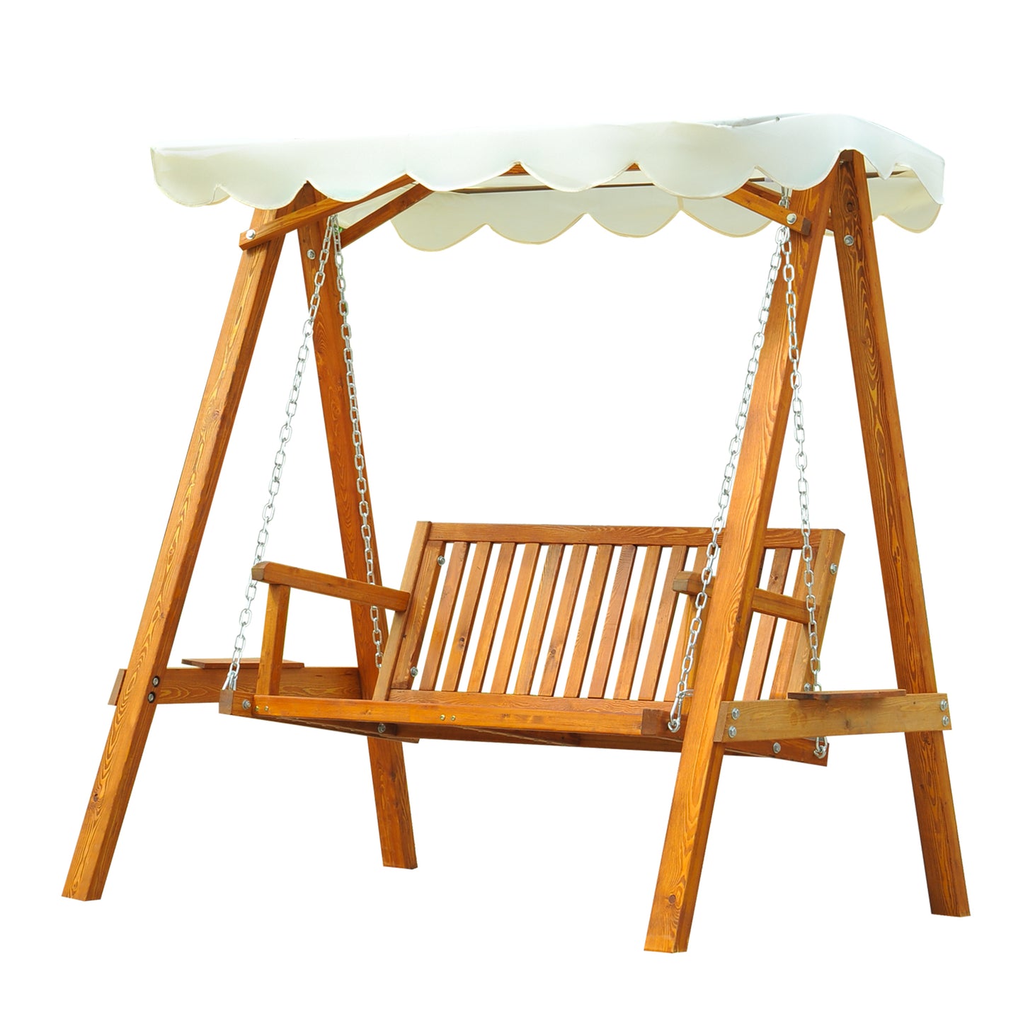 Outsunny 2 Seater Garden Swing Seat Wooden Swing Chair Outdoor Hammock Bench Furniture, Cream White - OutdoorBox